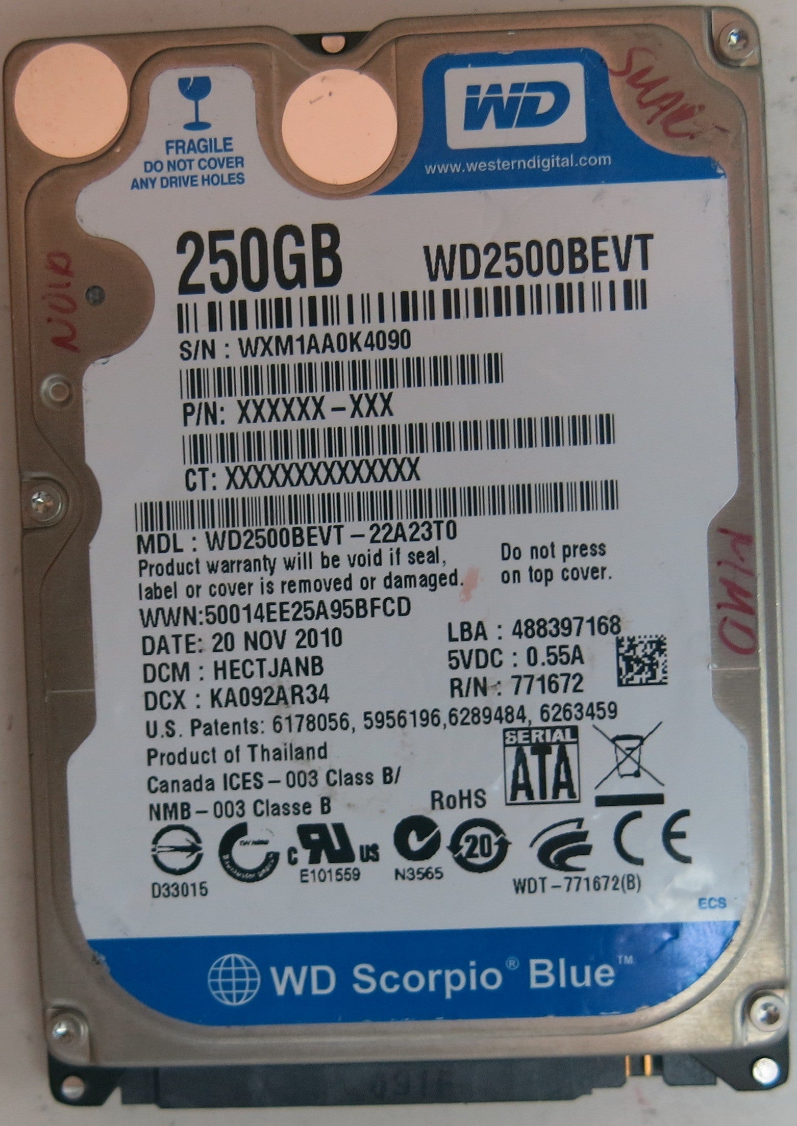WD2500BEVT-22A23T0, PCB: 2060-771672-004 REV A, SERIAL NUMBER: WXM1AA0K4090, 250GB,