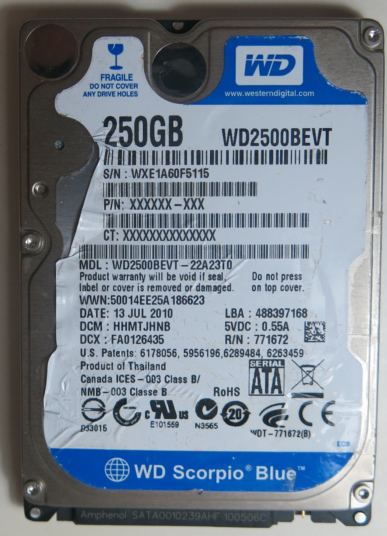 WESTERN DIGITAL WD2500BEVT-22A23T0 DCM HHMTJHNB 250GB