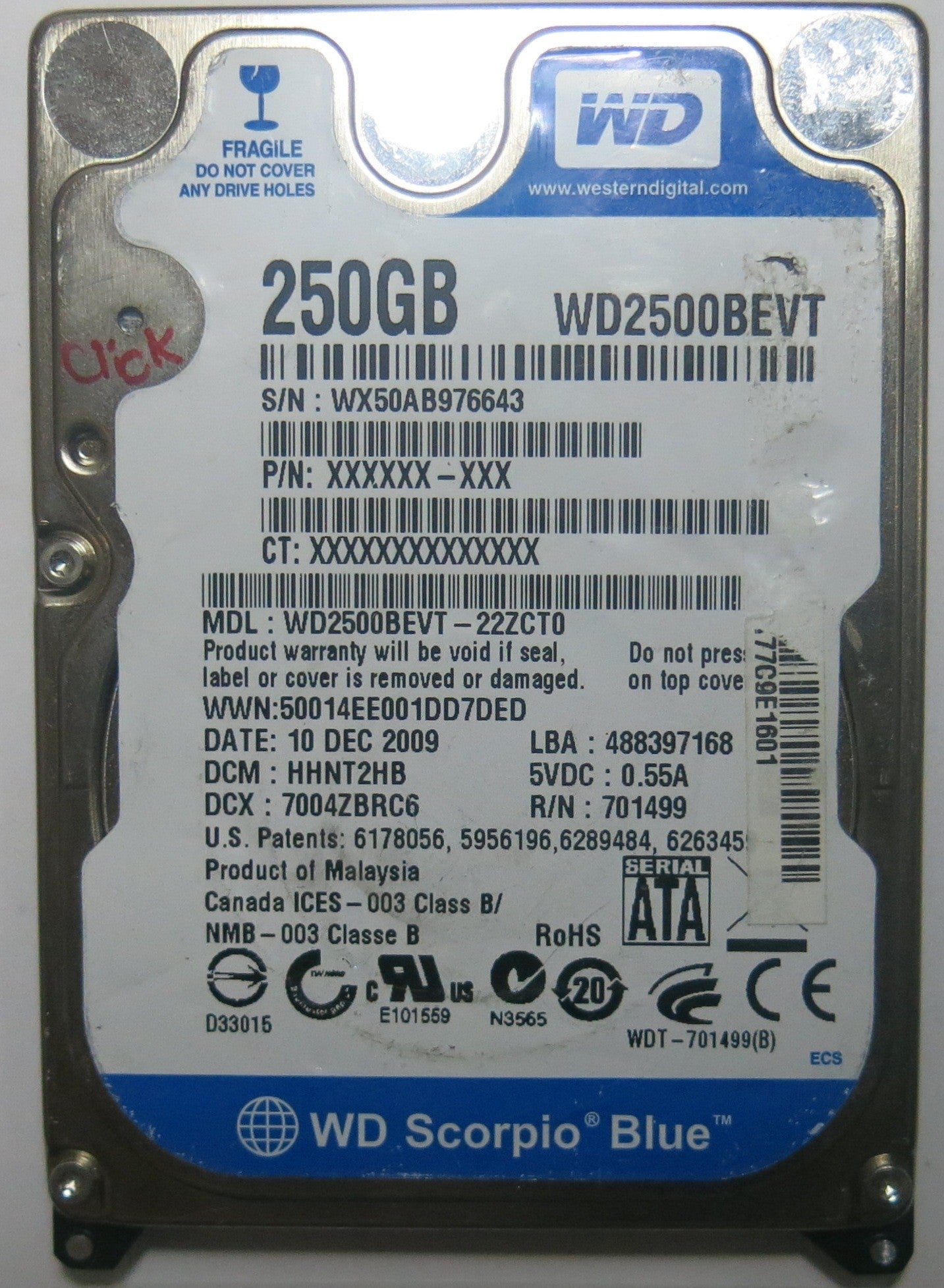 WESTERN DIGITAL WD2500BEVT-22ZCT0 2060-701499-005 REV A PCB