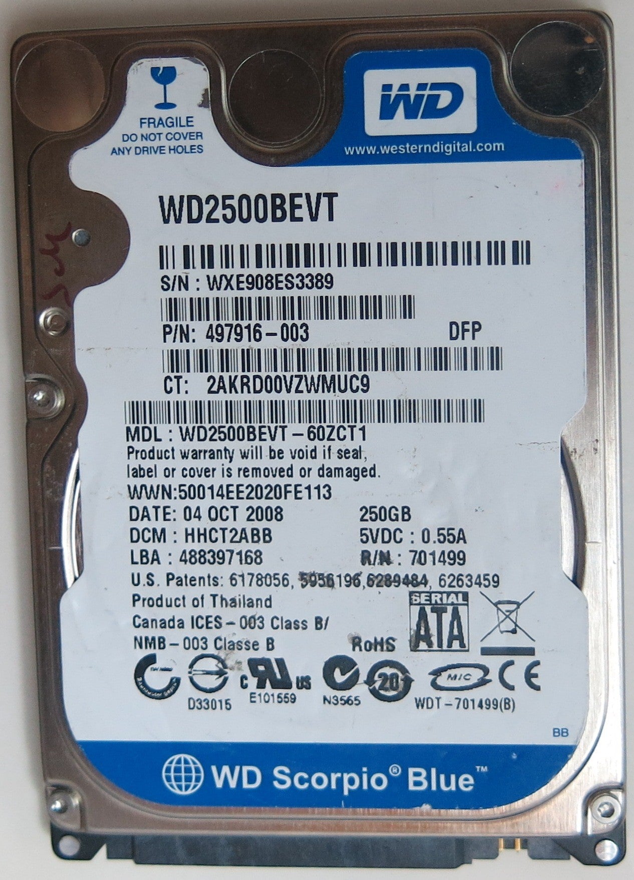 WESTERN DIGITAL WD2500BEVT-60ZCT1 DCM HHCT1QBB 250GB