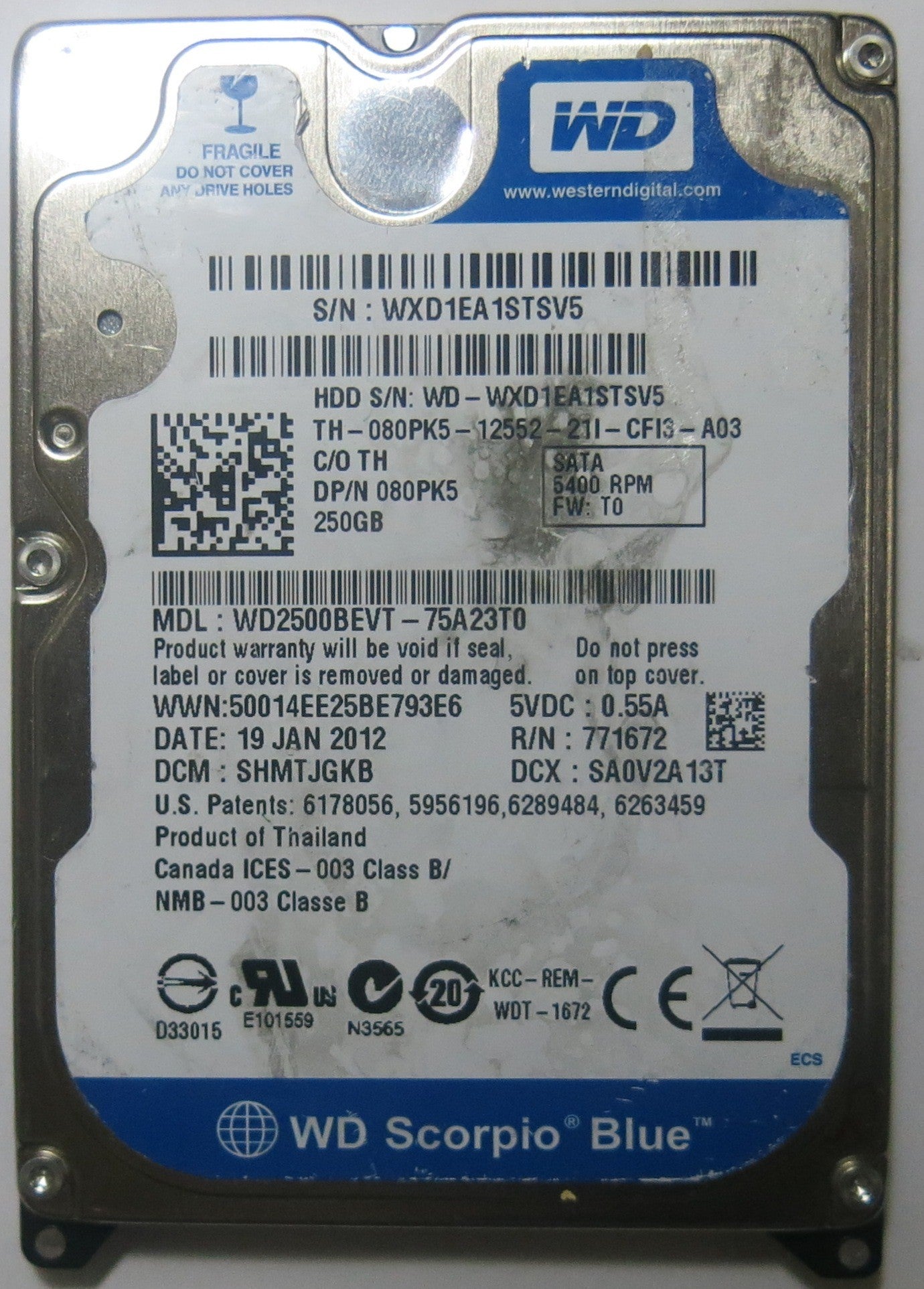 WESTERN DIGITAL WD2500BEVT-75A23T0 2060-771672-004 REV A PCB
