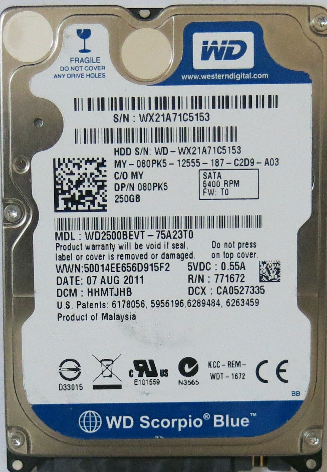 WESTERN DIGITAL WD2500BEVT-75A23T0 PN FW HHMTJHB 250-GB