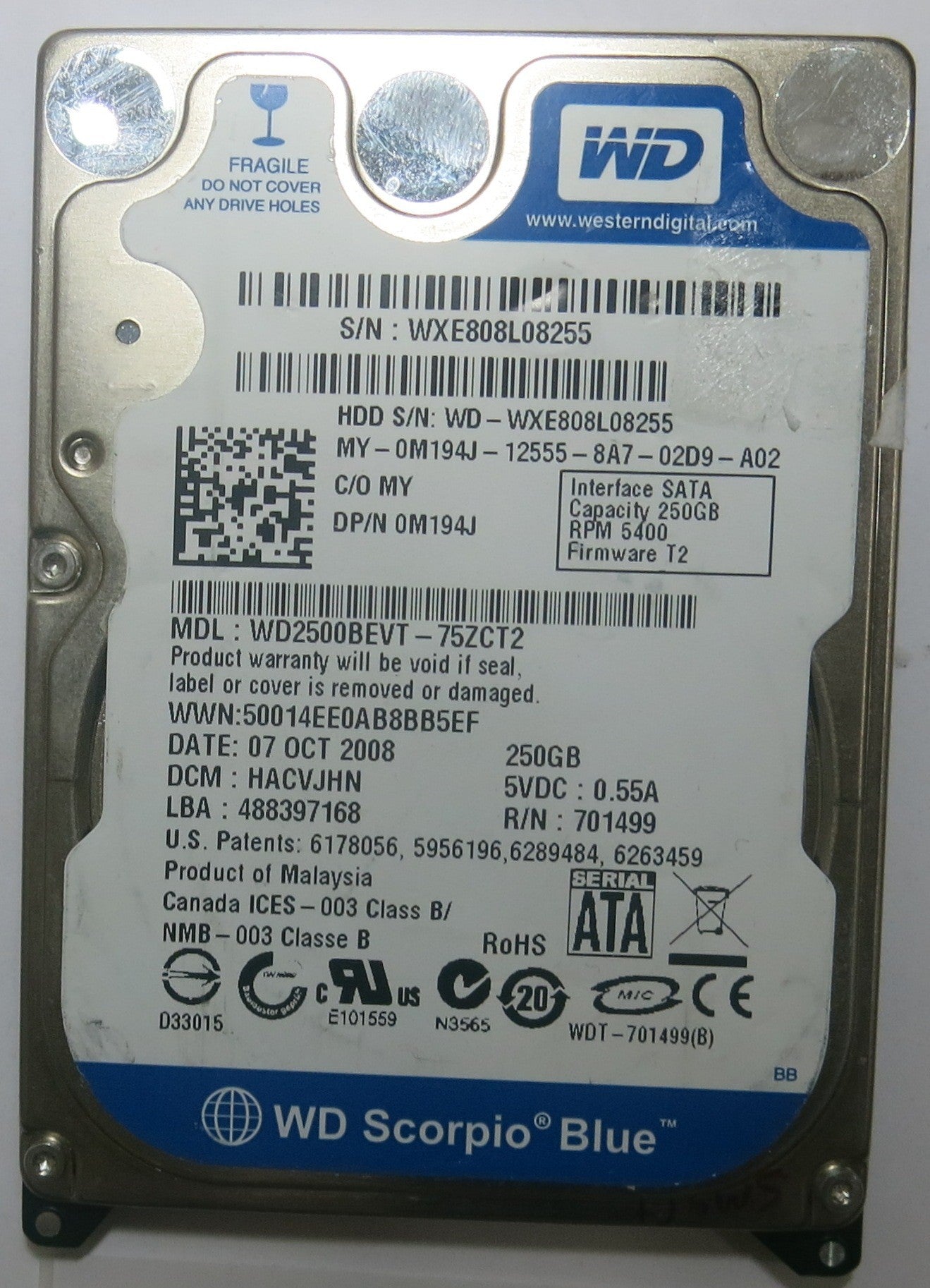 WESTERN DIGITAL WD2500BEVT-75ZCT2 2060-701499-000 REV A PCB