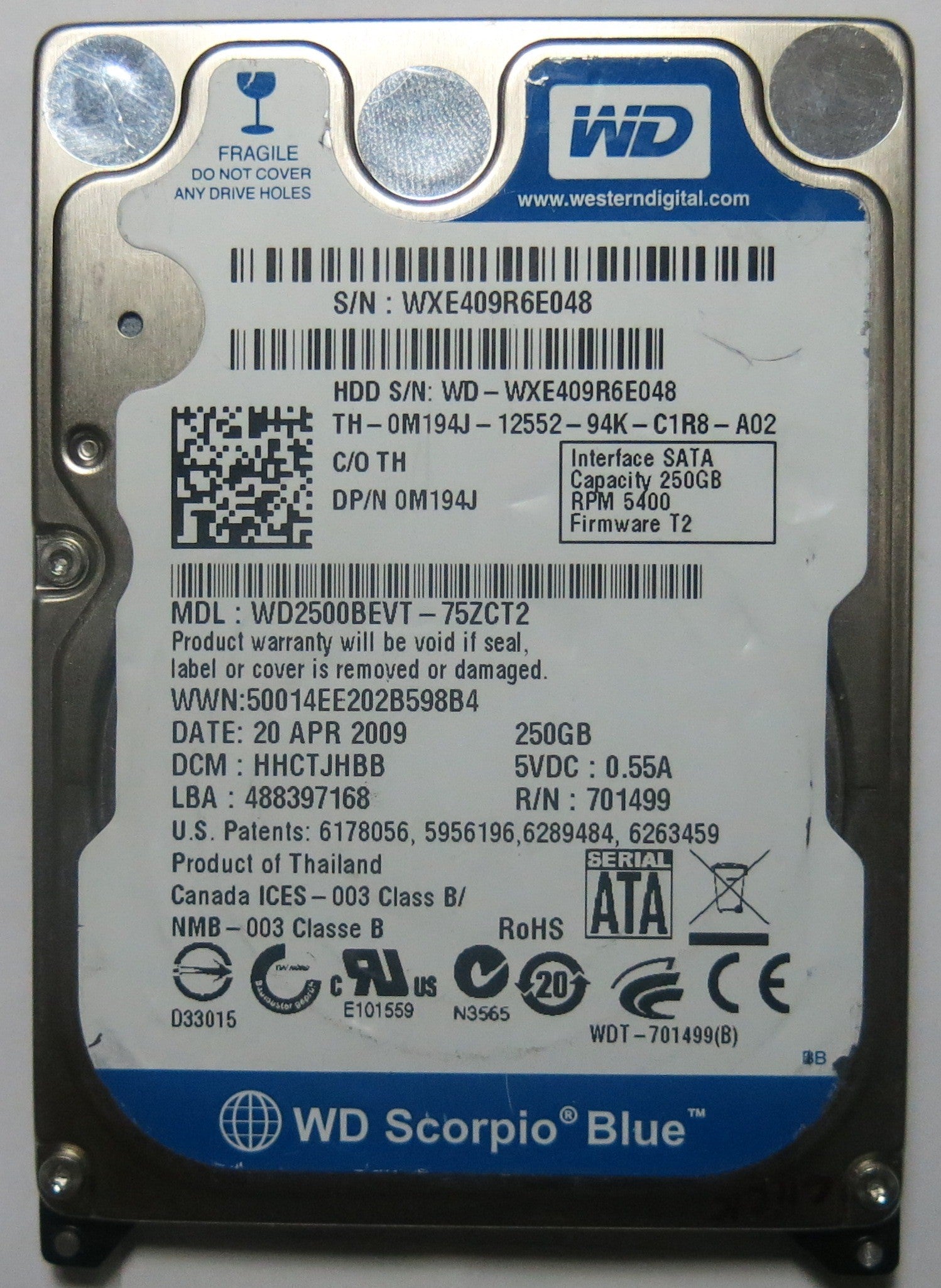 WESTERN DIGITAL WD2500BEVT-75ZCT2 2060-701499-000 REV A PCB