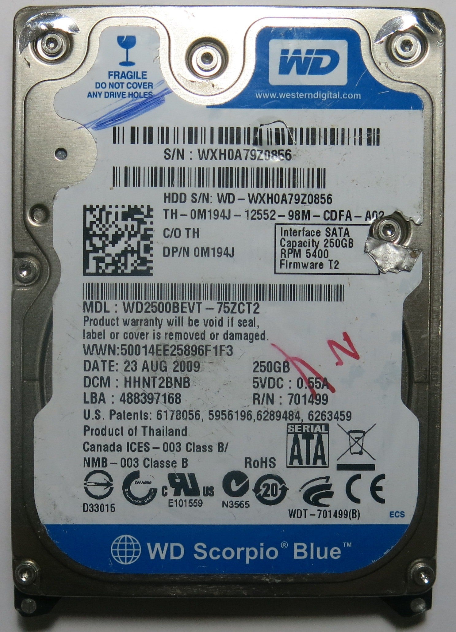 WESTERN DIGITAL WD2500BEVT-75ZCT2 2060-701499-005 REV A PCB