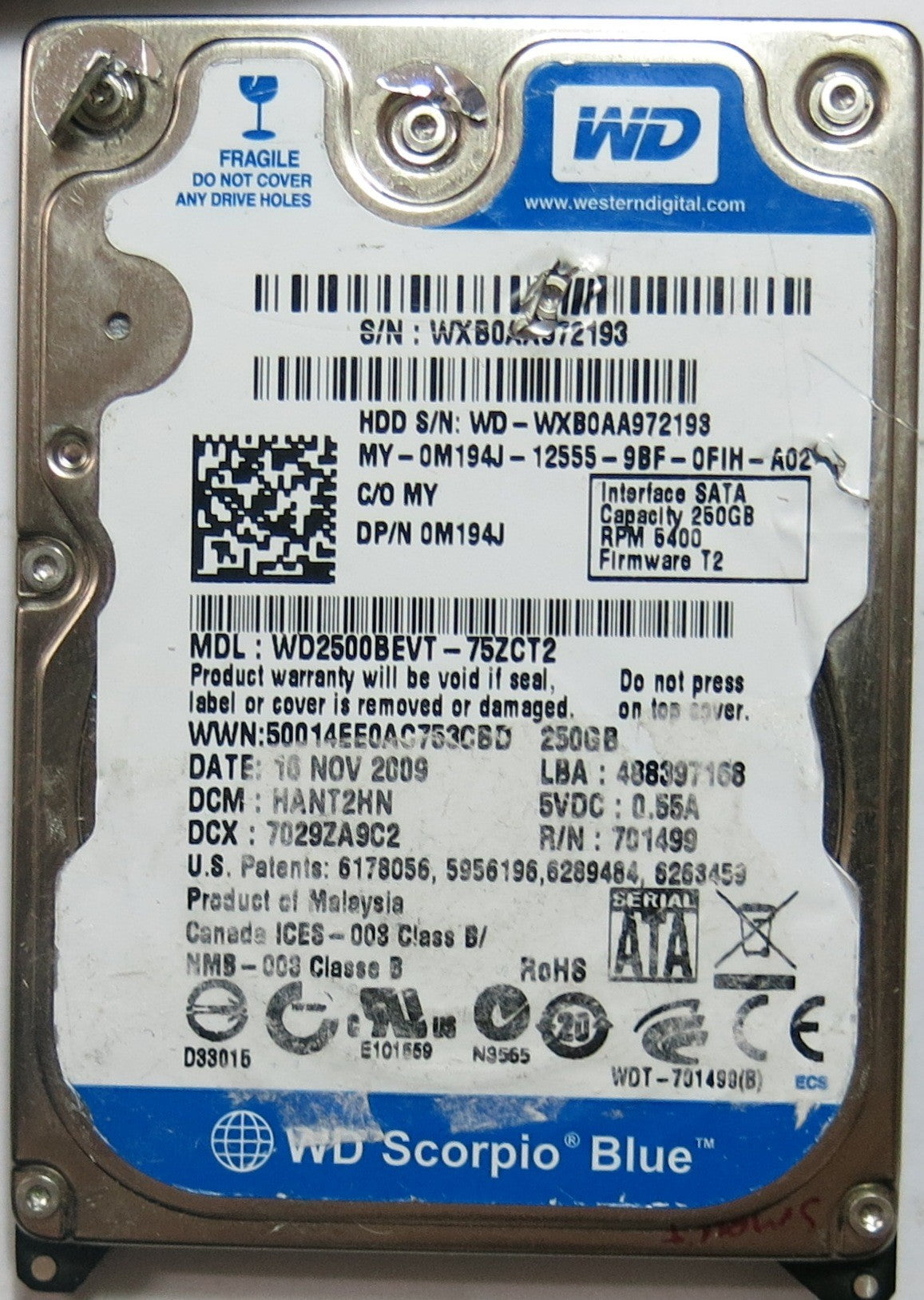 WESTERN DIGITAL WD2500BEVT'75ZCT2,  PCB