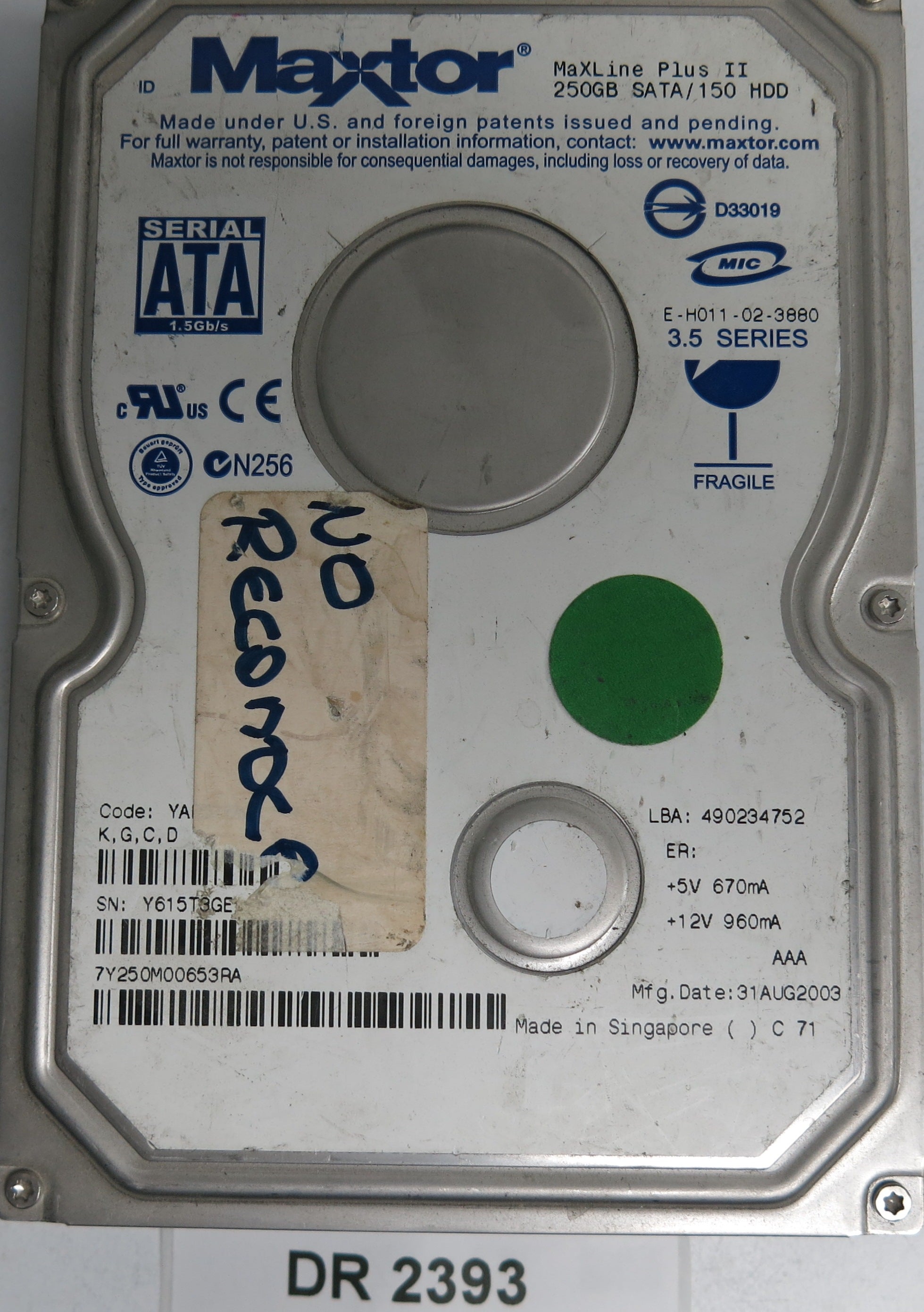 7Y250M00653RA,  Serial:Y615T3GE,  250GB 3.5