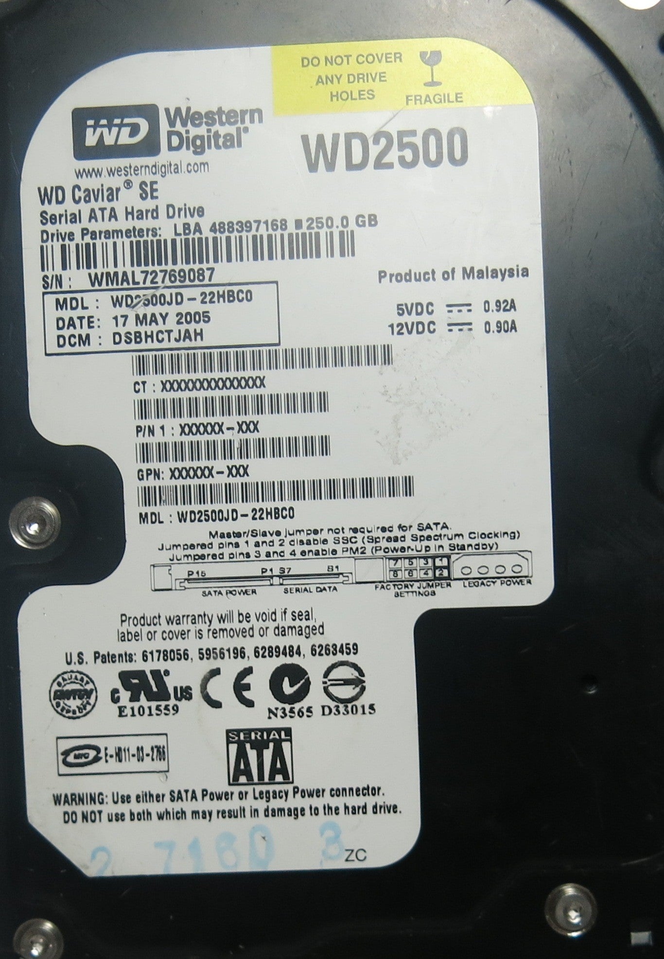 WESTERN DIGITAL WD2500JD-22HBC0,  PCB