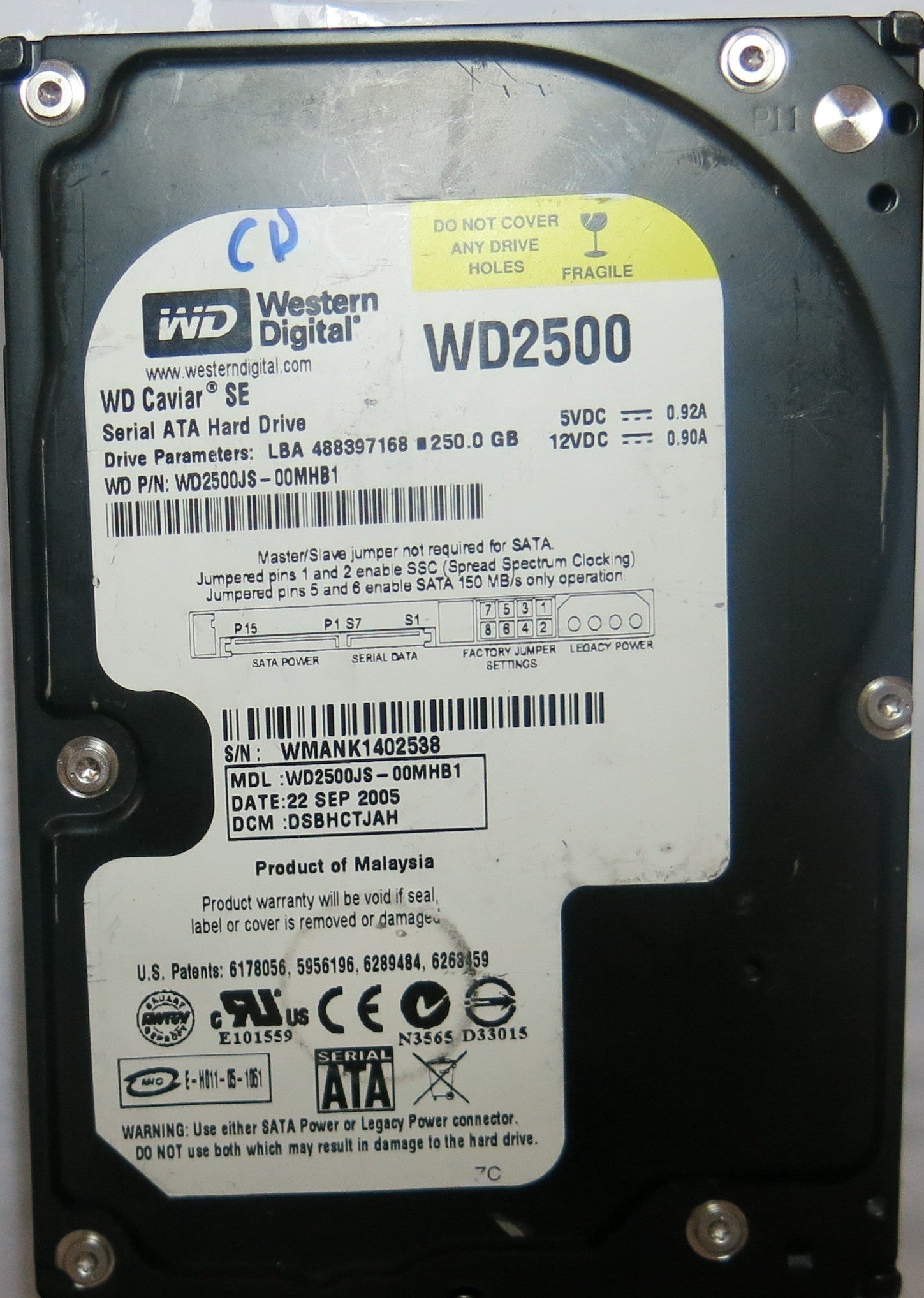 WESTERN DIGITAL WD2500JS-00MHB1 PN FW DSBHCTJAH 250,GB