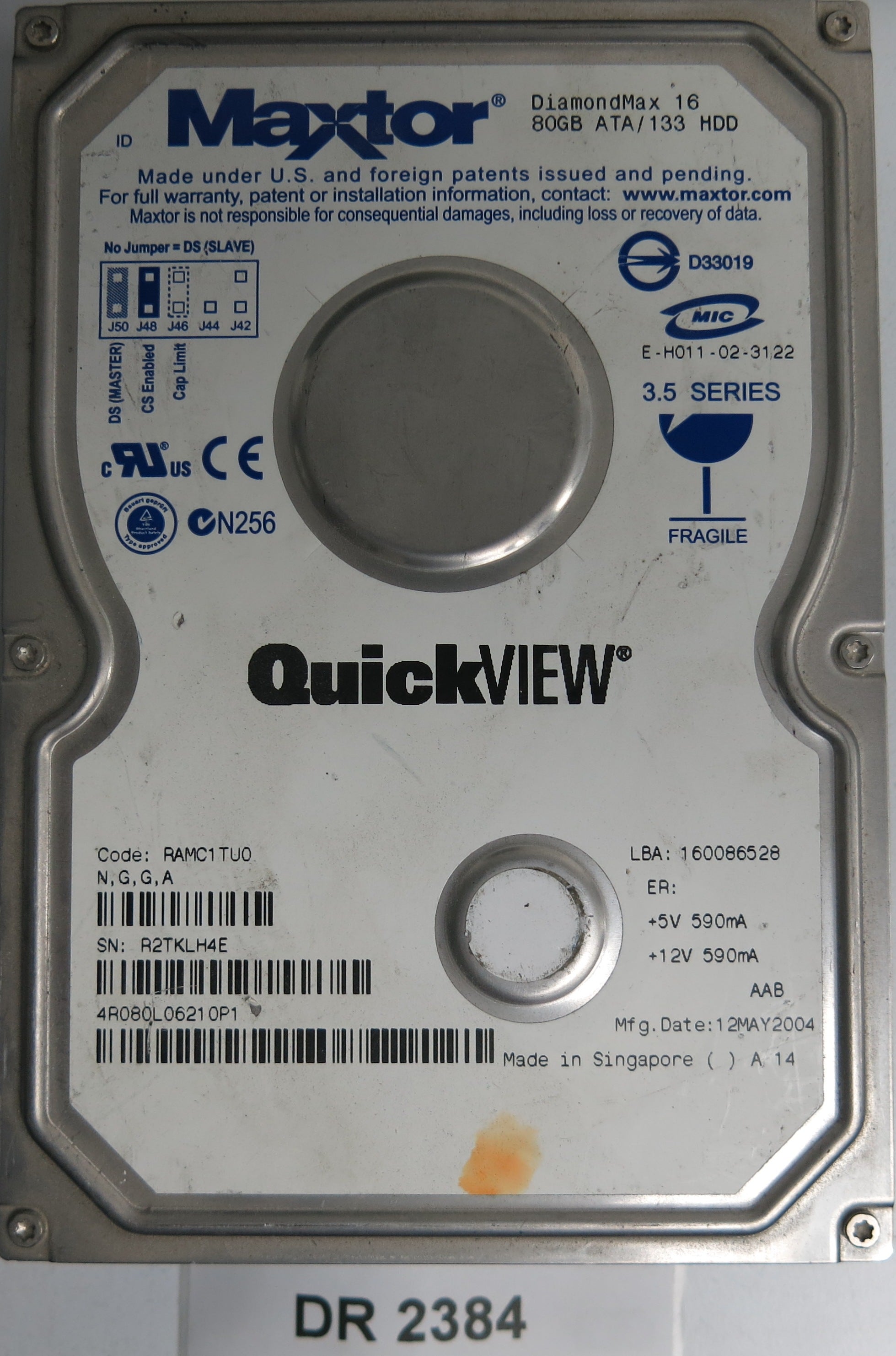 SERIAL NUMBER: R2TKLH4E 3.5 80GB