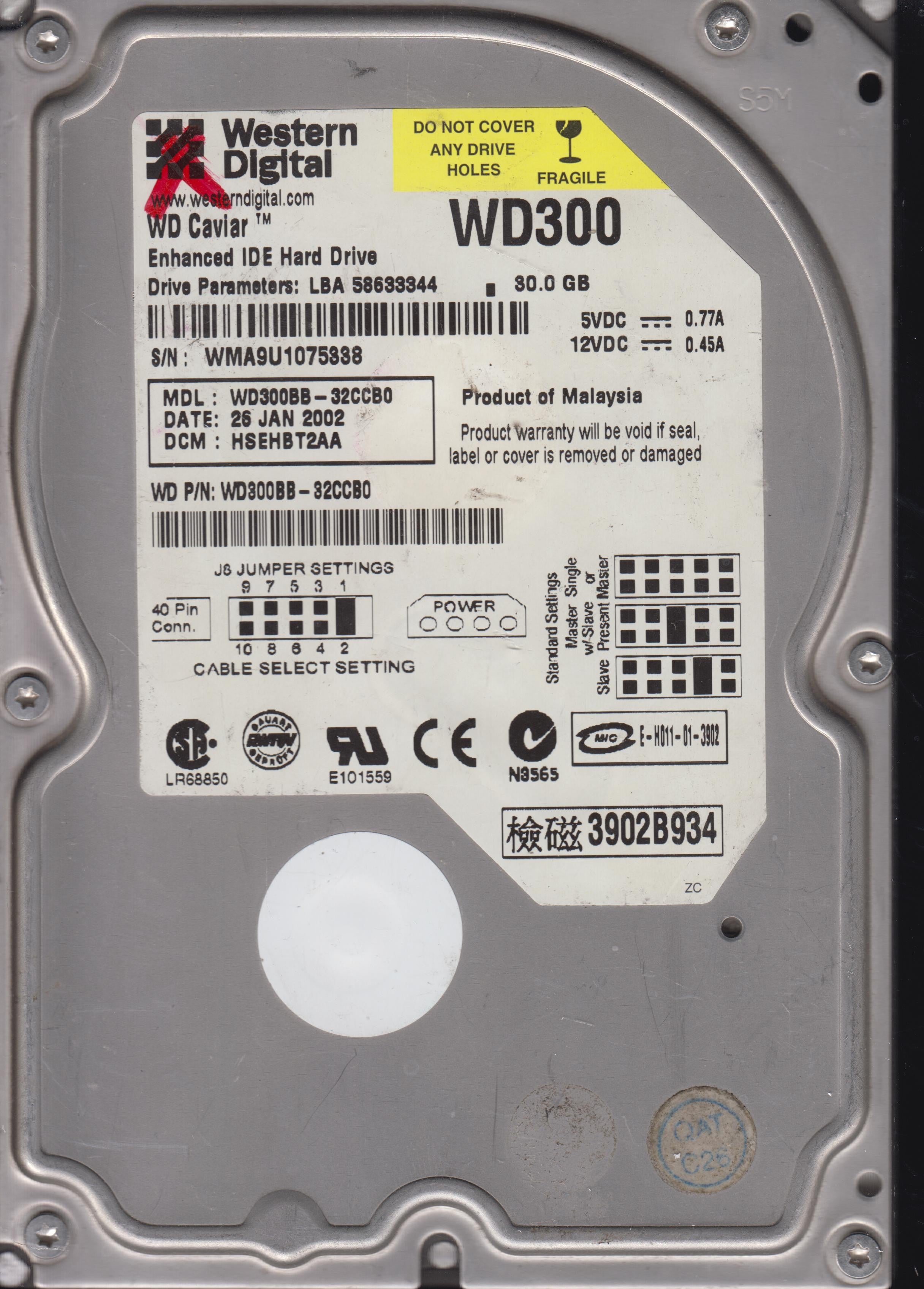 WD300BB-32CCB0,S/N:WMA9U1075338,30GB 3.5