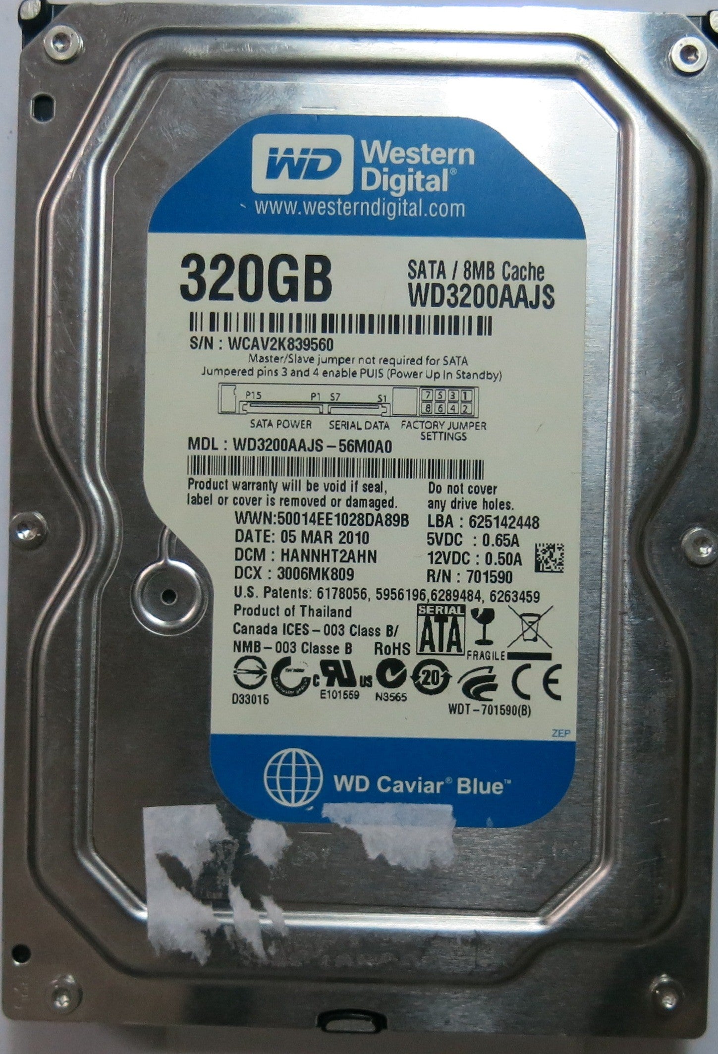 WD3200AAJS-56M0A0,  Serial:WCAV2K839560,  320GB 3.5,  PCB:2060-701590-001- REV A