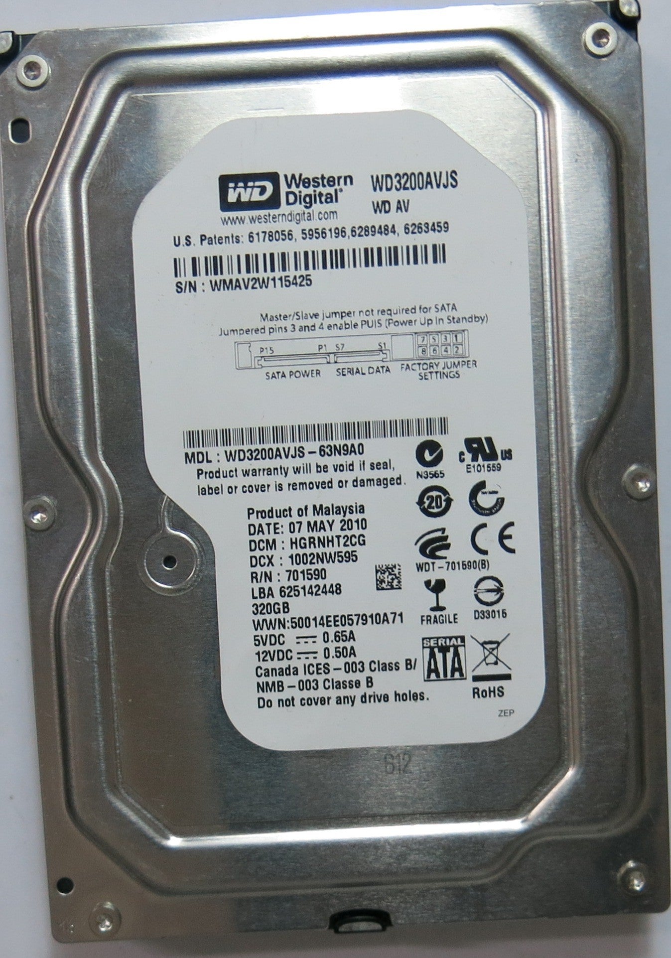 WD3200AVJS'63N9A0  PCB: 2060-701590-001 REV A SERIAL NUMBER: WMAV2W115425 FW HGRNHT2CG  320,GB