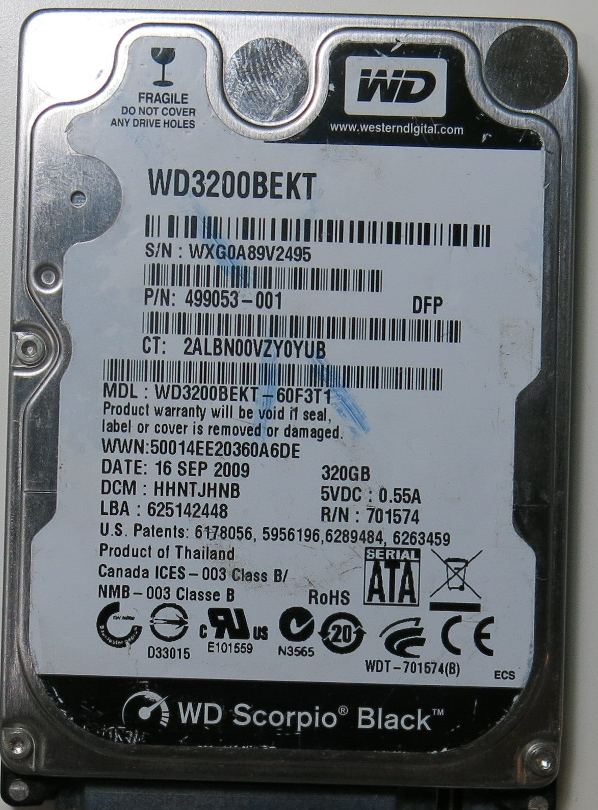 WD3200BEKT-60F3T1, PCB: 2060-701574-001 REV A, SERIAL: WXG0A89V2495, DCM HHNTJHNB, FW HHNTJHNB, 320.GB,