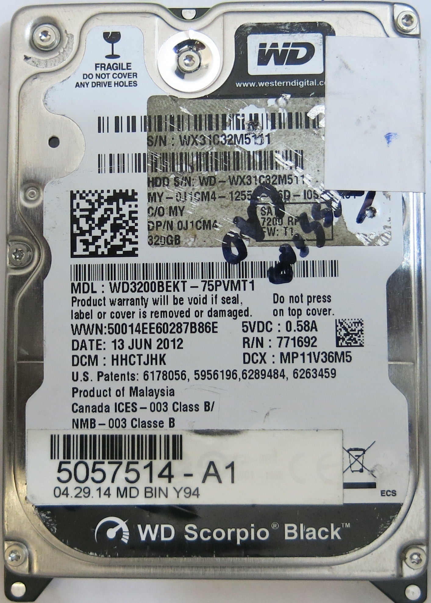 WESTERN DIGITAL WD3200BEKT-75PVMT1 2060-771692-006 REV A PCB