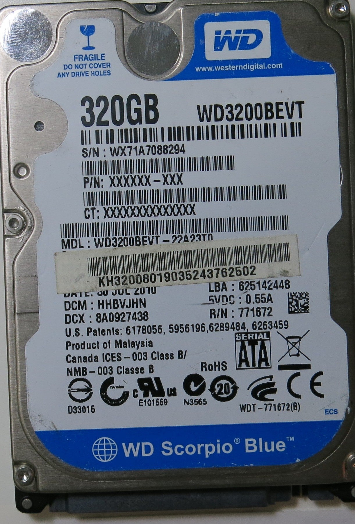WD3200BEVT-22A23T0,PCB: 2060-771672-004 REV A,  SERIAL: WX71A7088294, DCM HHBVJHN, FW HHBVJHN, 320.GB,