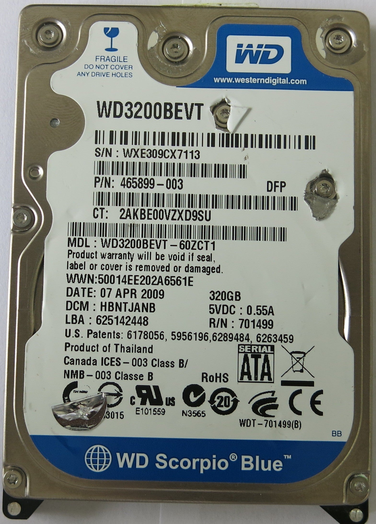 WESTERN DIGITAL WD3200BEVT-60ZCT1 P/N 465899-003 2060-701499-000 REV A  PCB