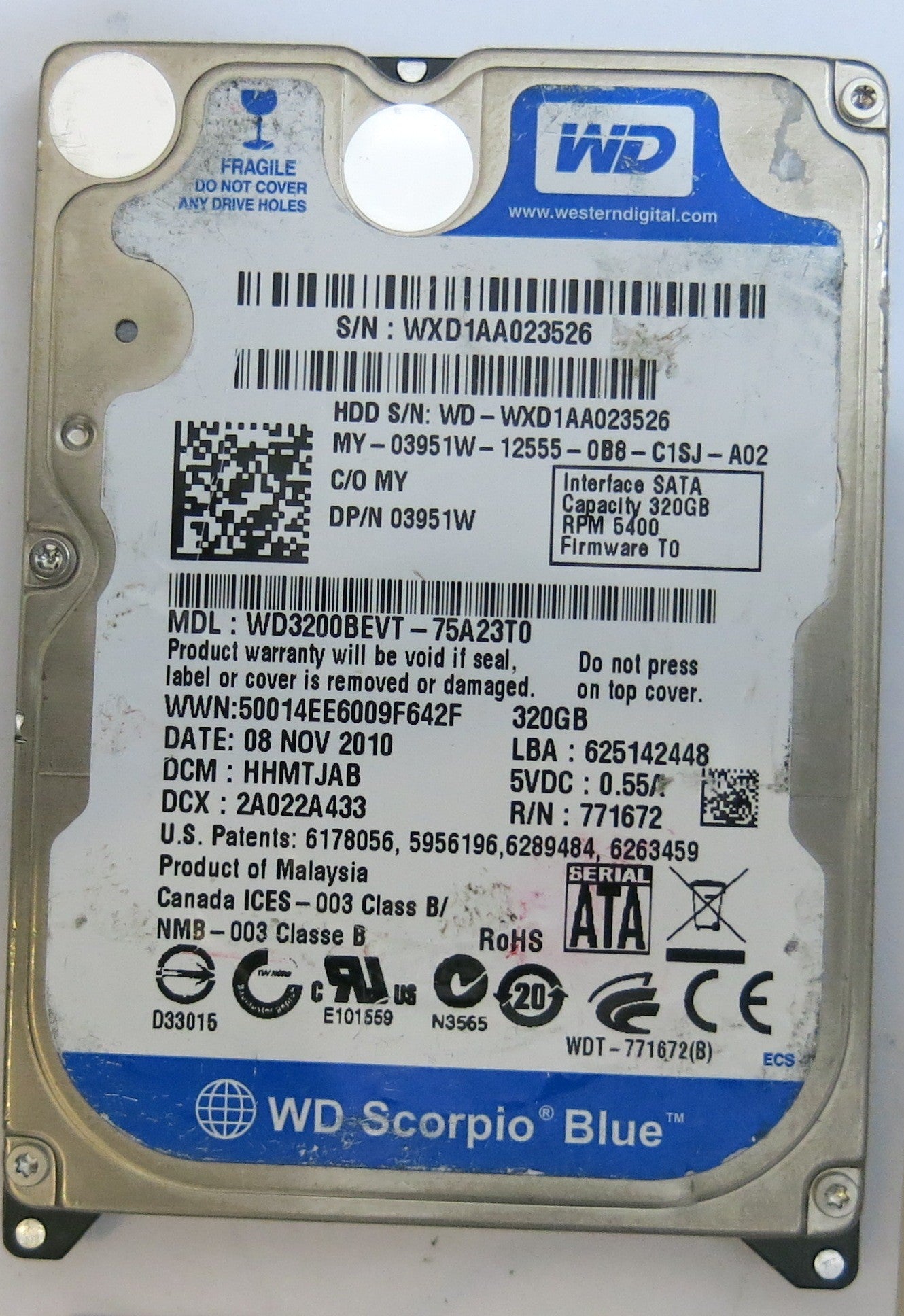 WESTERN DIGITAL WD3200BEVT-75A23T0 2060-771672-004 REV A PCB
