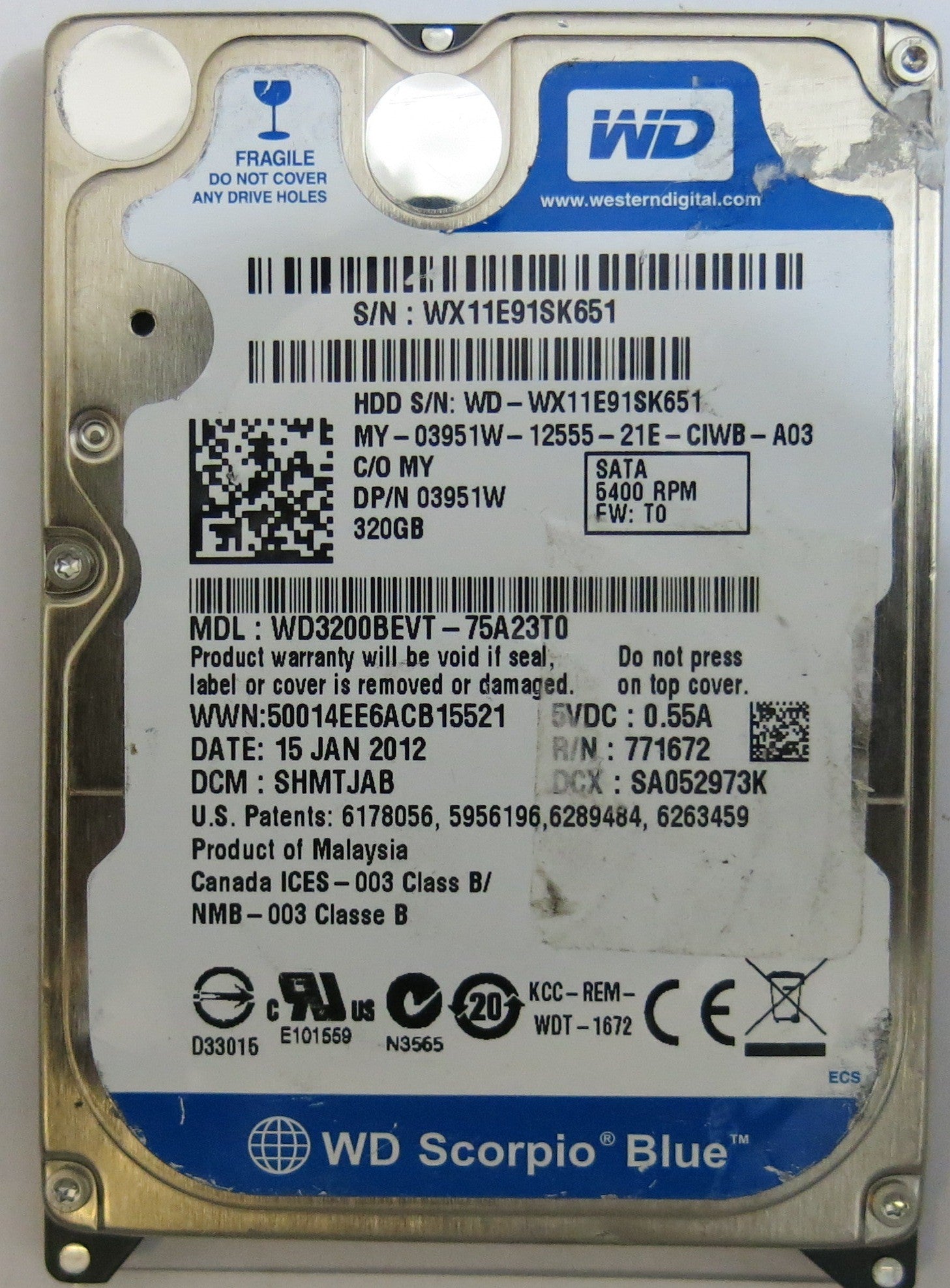 WESTERN DIGITAL WD3200BEVT-75A23T0 2060-771672-004 REV A PCB