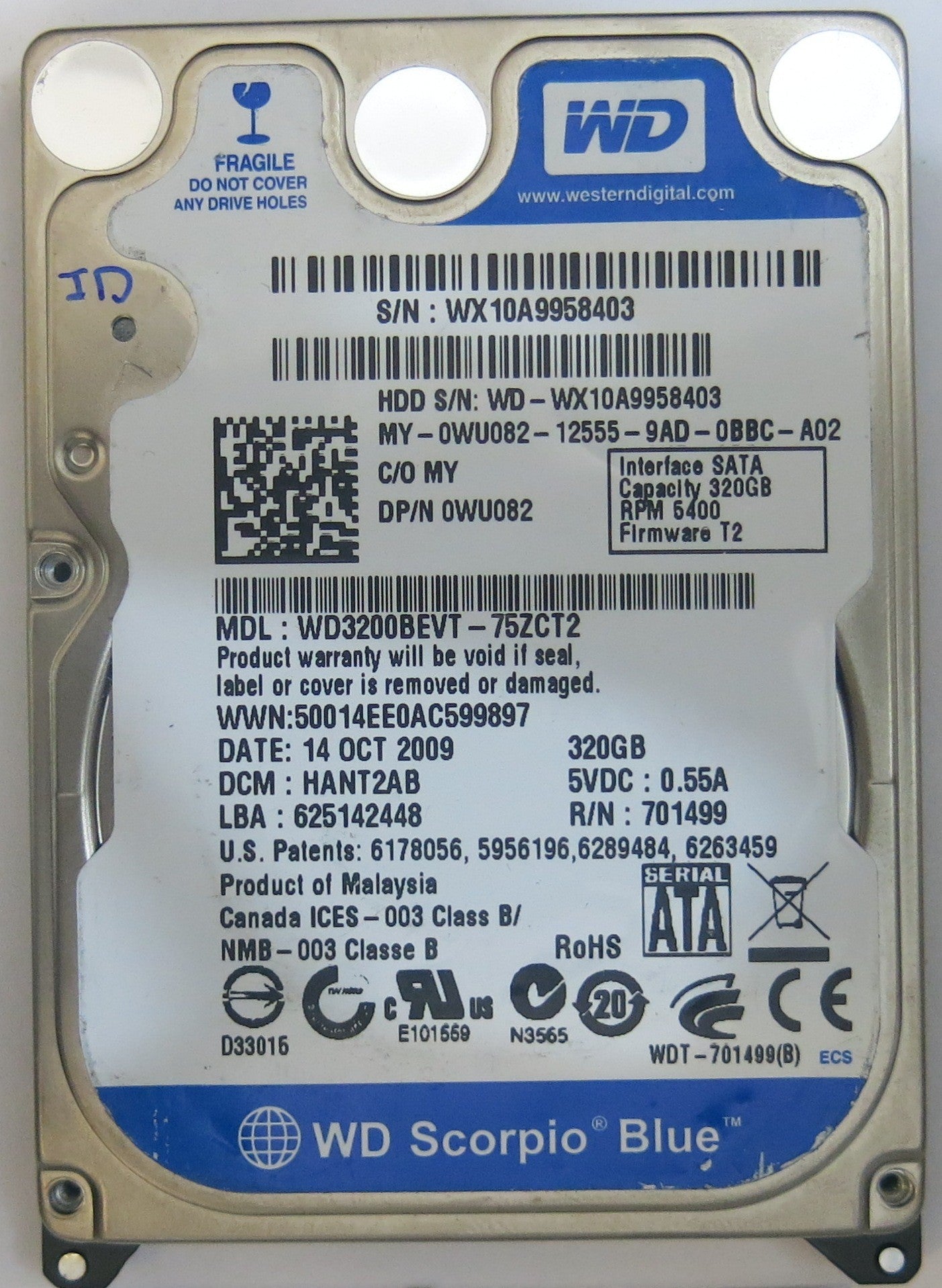 WESTERN DIGITAL WD3200BEVT-75ZCT2 2060-701499-005 REV A PCB