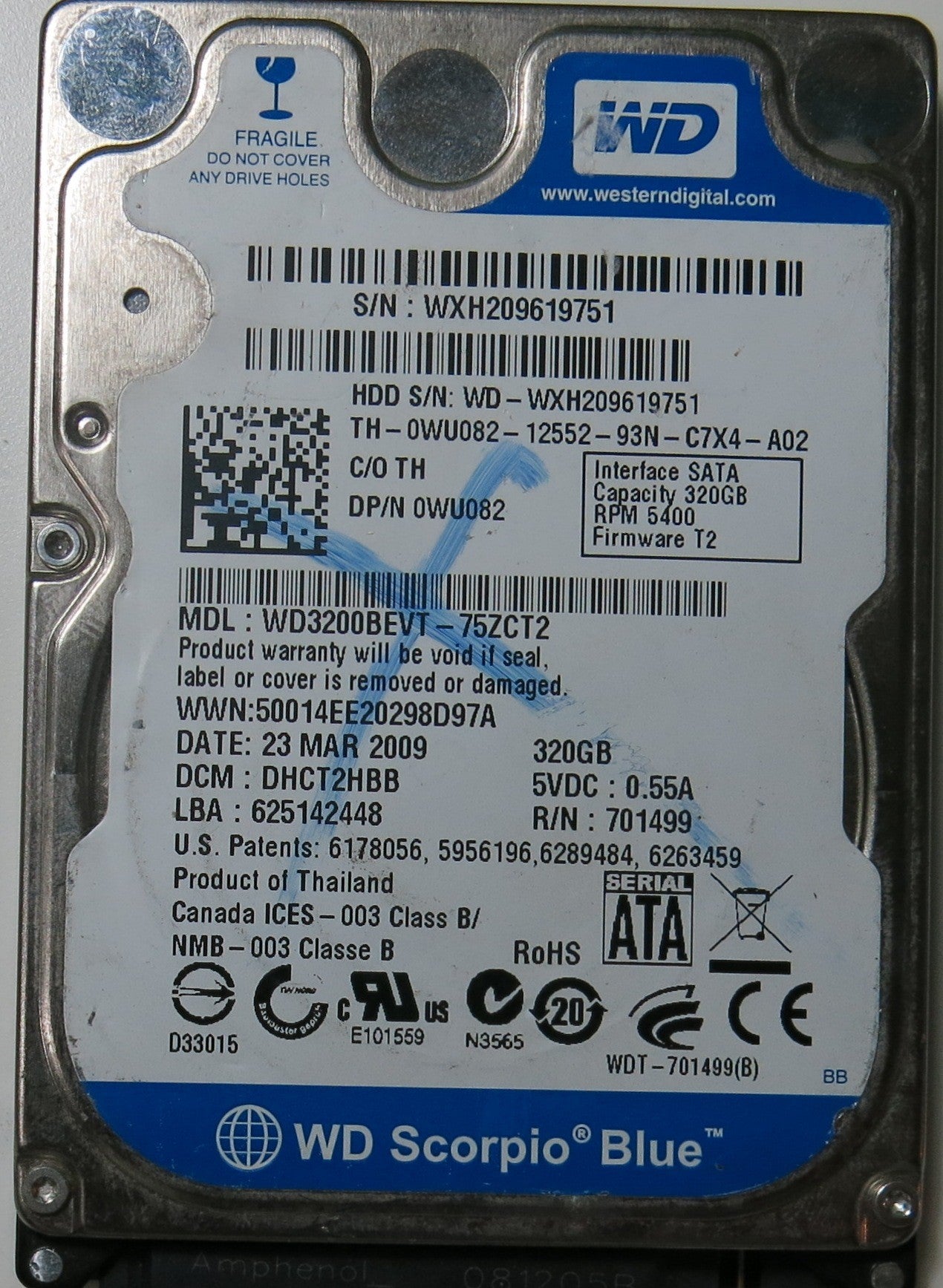 WESTERN DIGITAL WD3200BEVT-75ZCT2 PN FW DHCT2HBB 320.GB