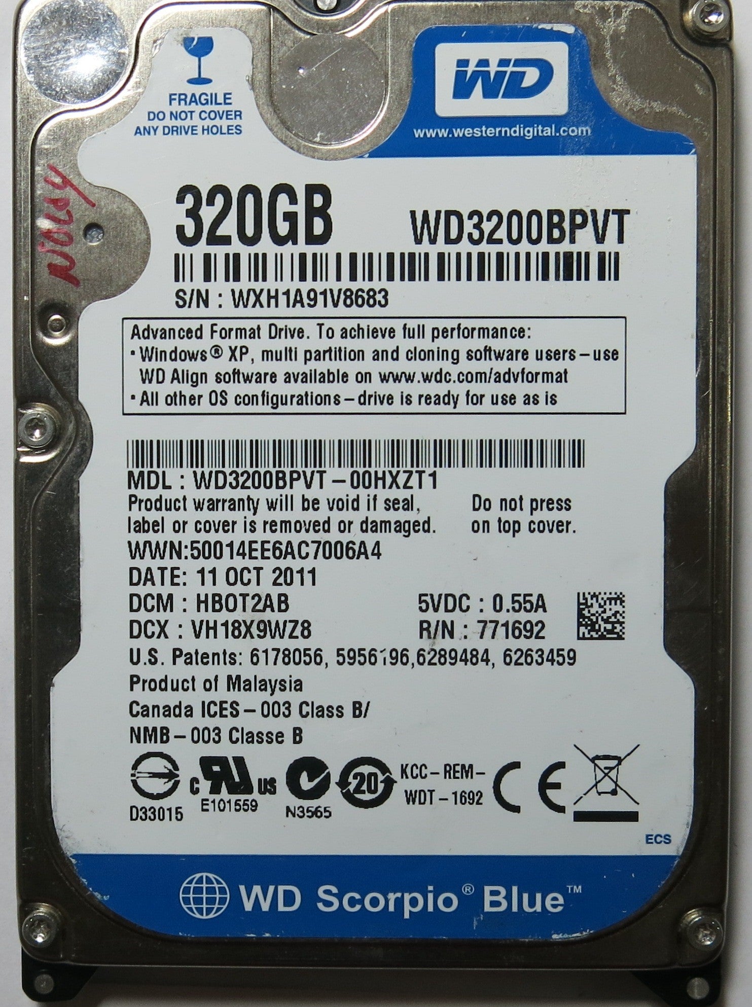 WESTERN DIGITAL WD3200BPVT-00HXZT1 2060-771692-005 PCB