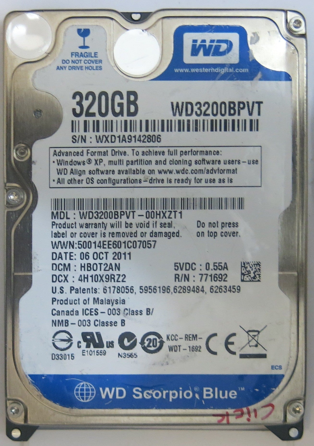 WESTERN DIGITAL WD3200BPVT-00HXZT1 2060-771692-005 REV A PCB