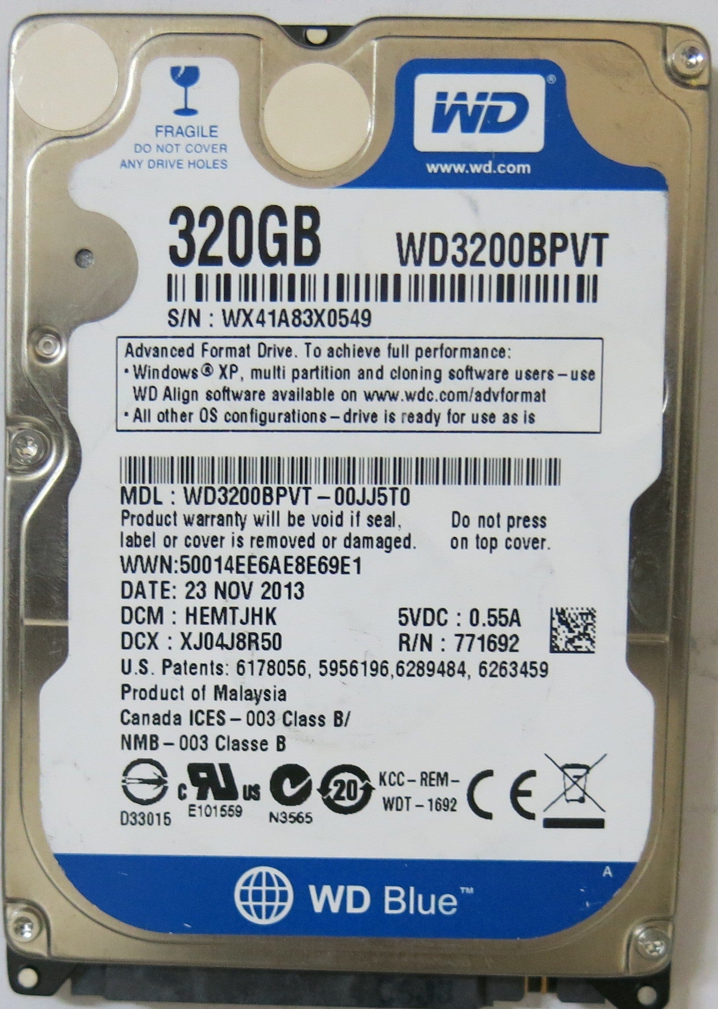 WESTERN DIGITAL WD3200BPVT'00JJ5T0 PN FW HEMTJHK 320,GB