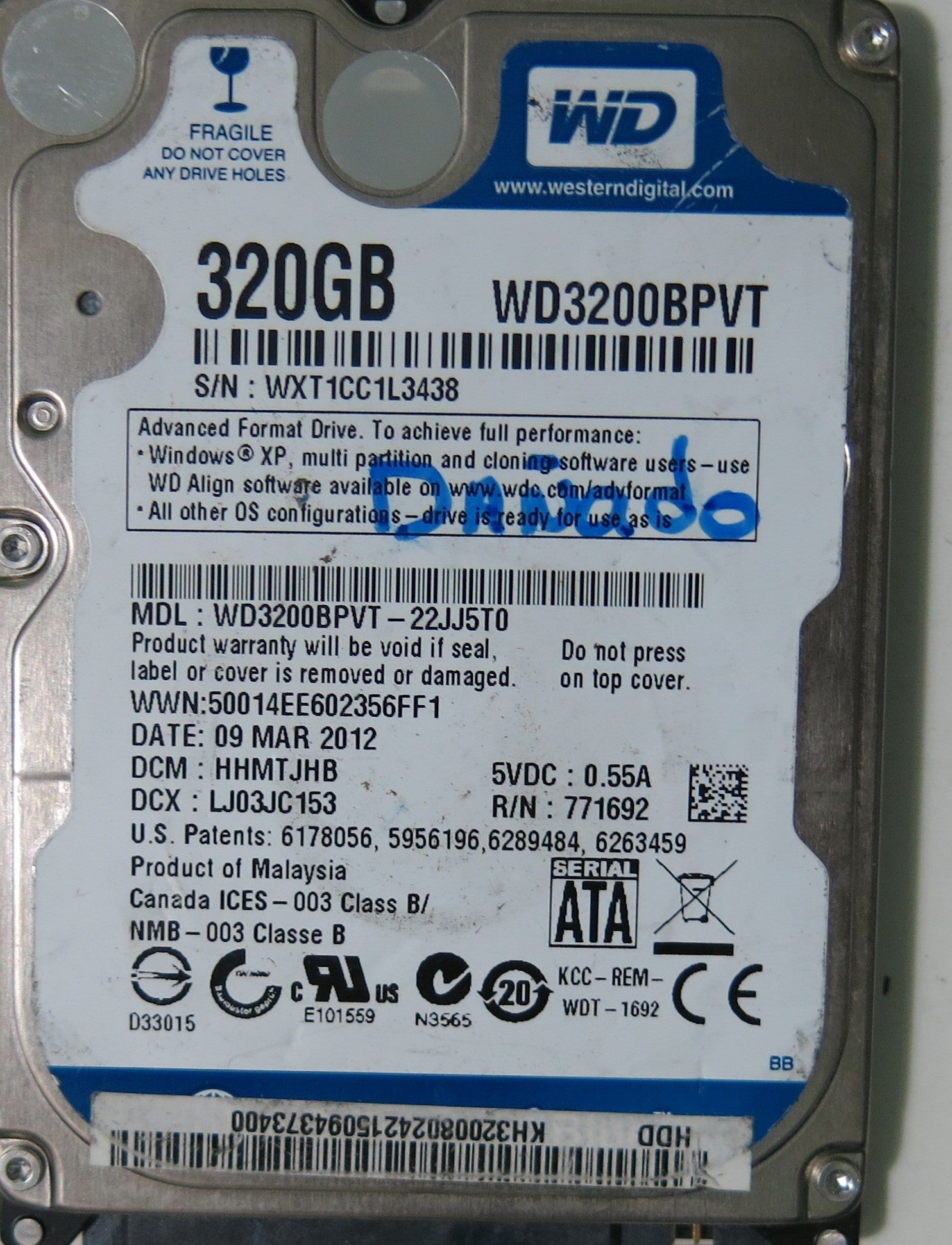 WESTERN DIGITAL WD3200BPVT-22JJ5T0 PCB 2060-771820-000 REV A,  320.GB