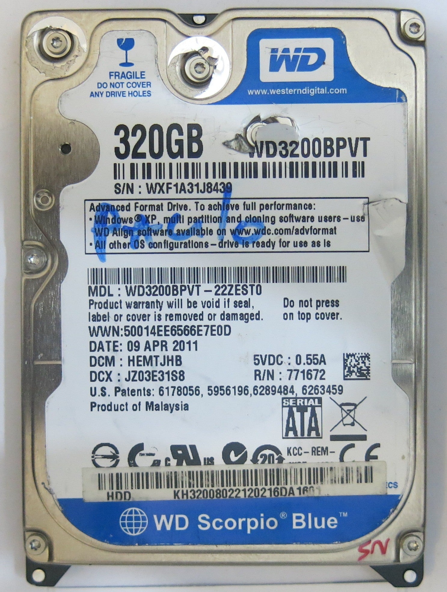 WESTERN DIGITAL WD3200BPVT-22ZEST0 2060-771672-004 REV A PCB