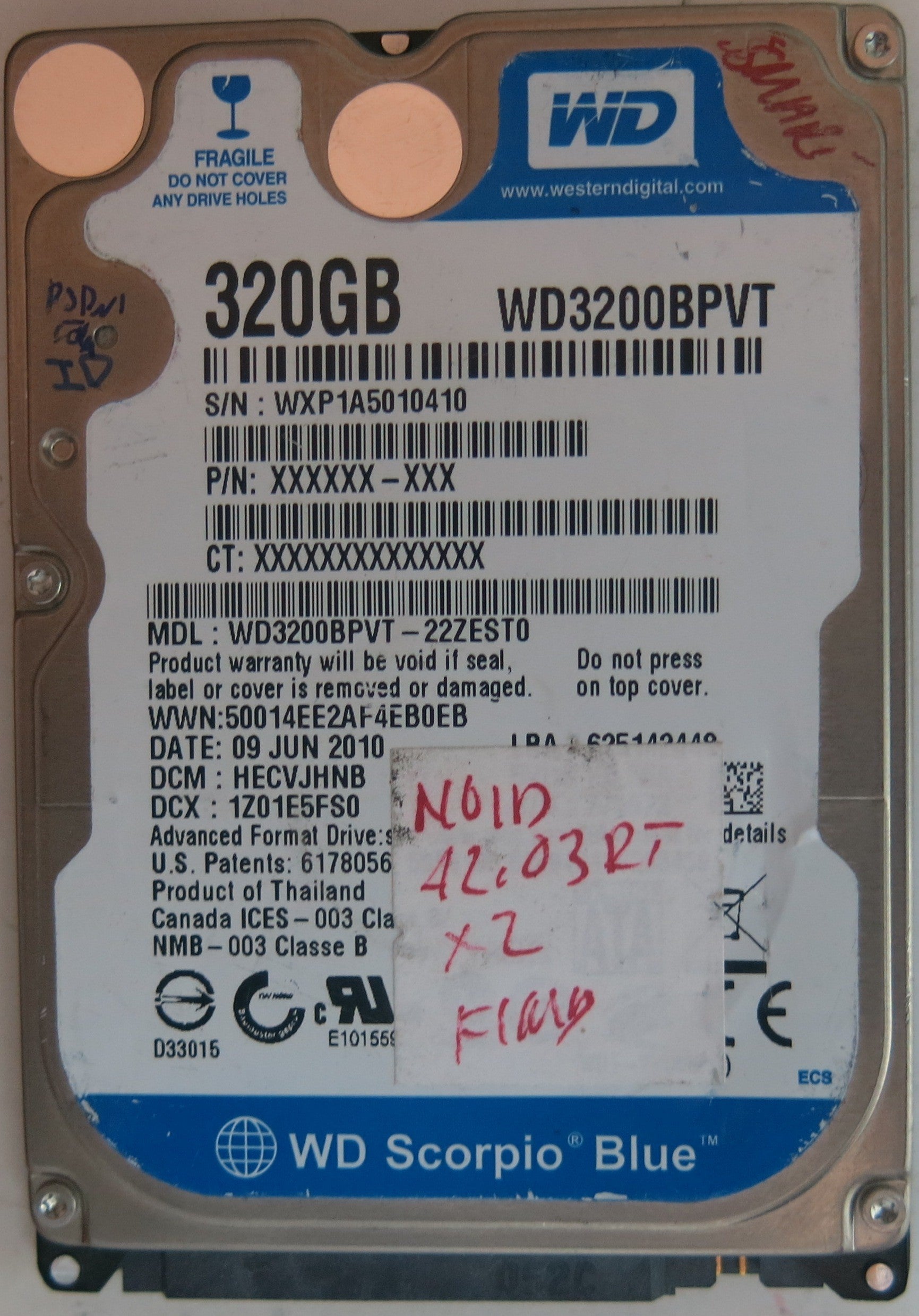 WD3200BPVT-22ZEST0, PCB: 2060-771872-004 REV A, SERIAL NUMBER: WXP1A5010410, 320GB,
