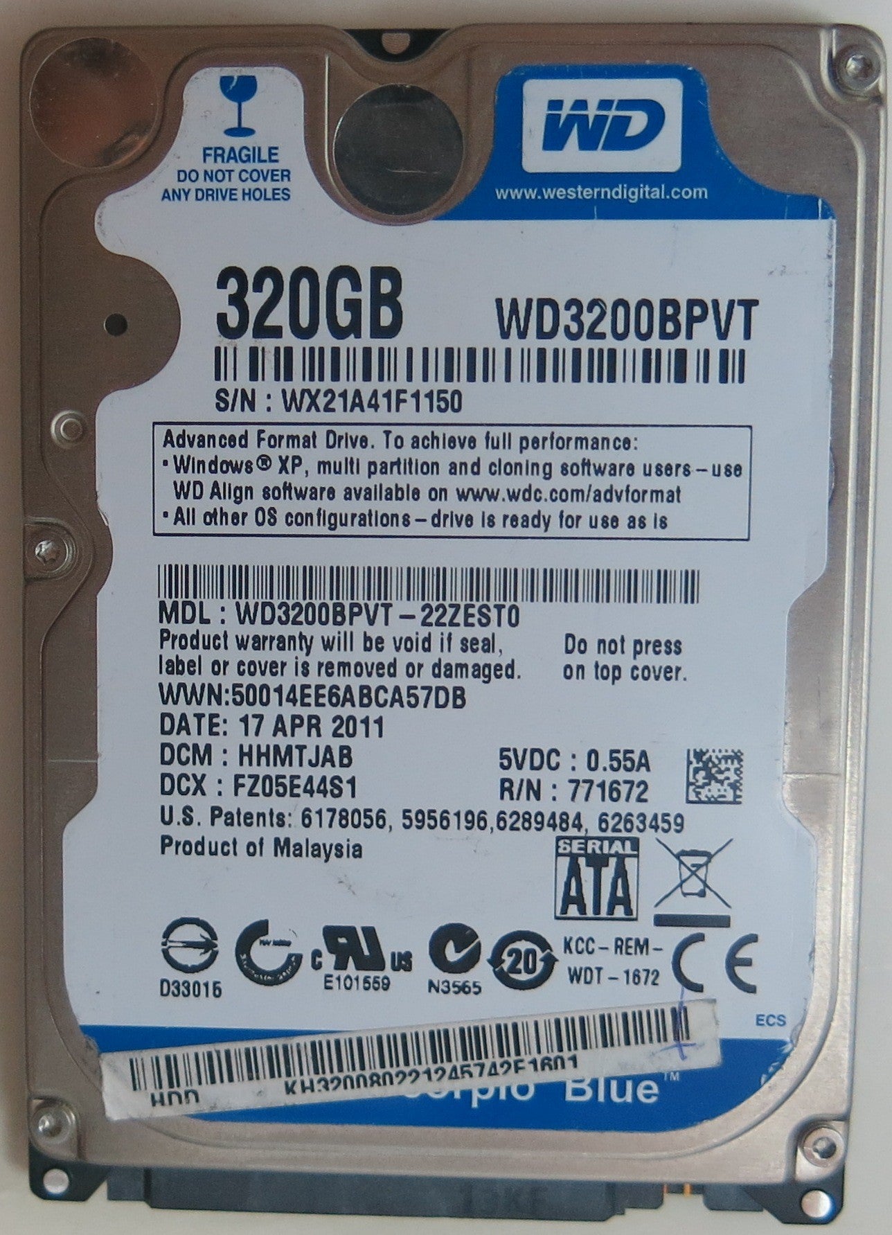 WESTERN DIGITAL WD3200BPVT-22ZEST0 DCM HHMTJAB 320GB