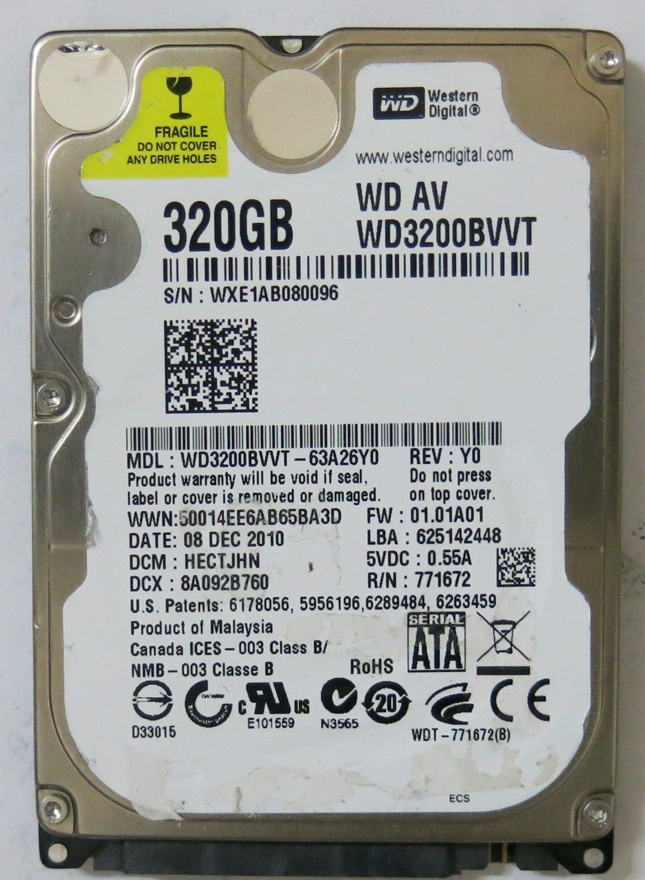 WD3200BVVT-63A26Y0 , PCB: 2060-771872-004 REV A, SERIAL NUMBER: WXE1AB080096, FW HECTJHN, 320-GB