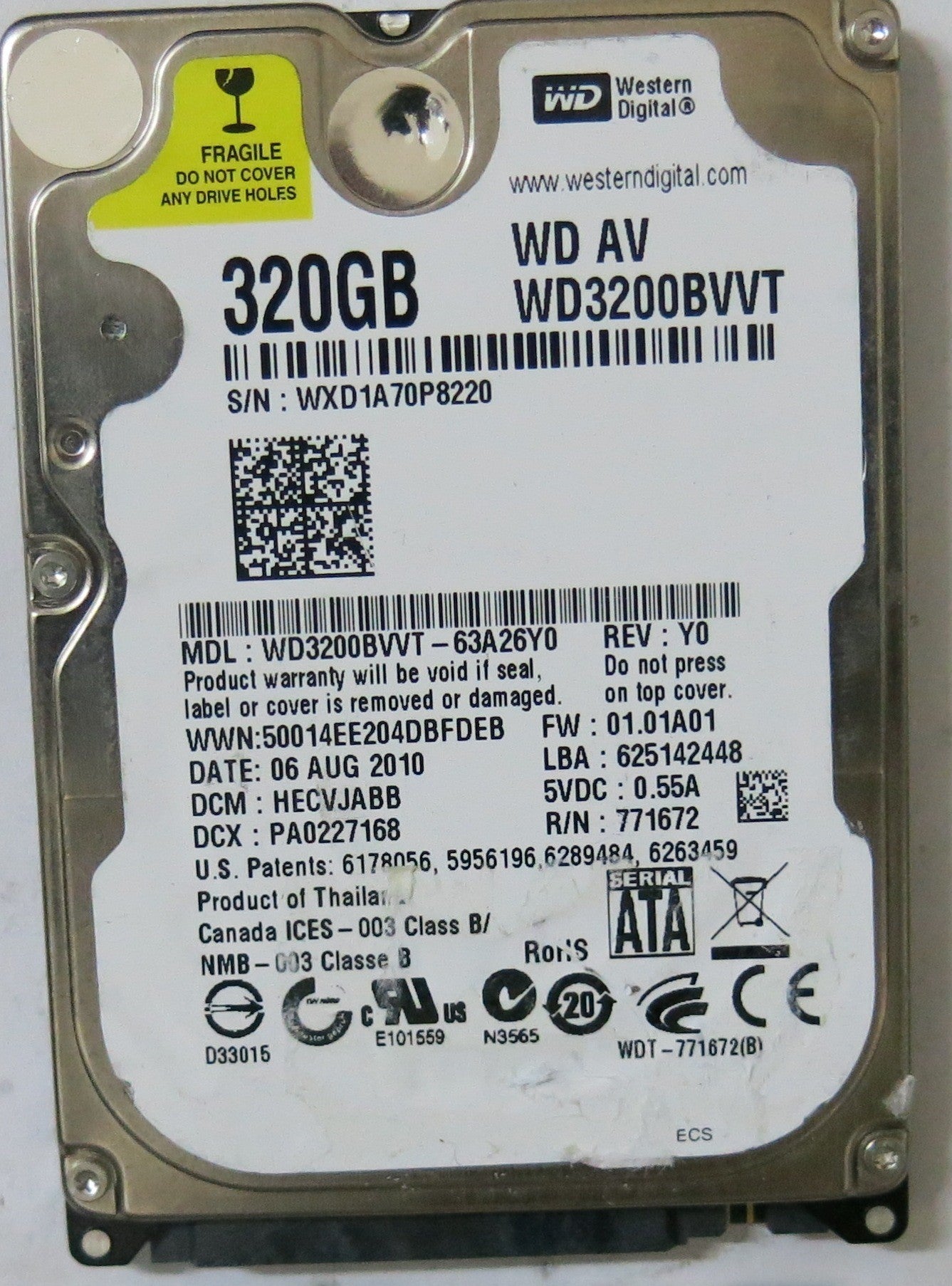WD3200BVVT-63A26Y0  , PCB: 2060-771672-004 REVA, SERIAL NUMBER. WXD1A70P8220, FW:HECVJABB 320-GB