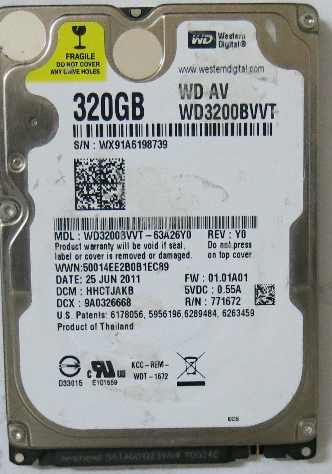 WD3200BVVT-63A26Y0 , PCB: 2060-771672-004 REV A, SERIAL NUMBER: WX91A6198739, FW:HHCTJAKB, 320-GB