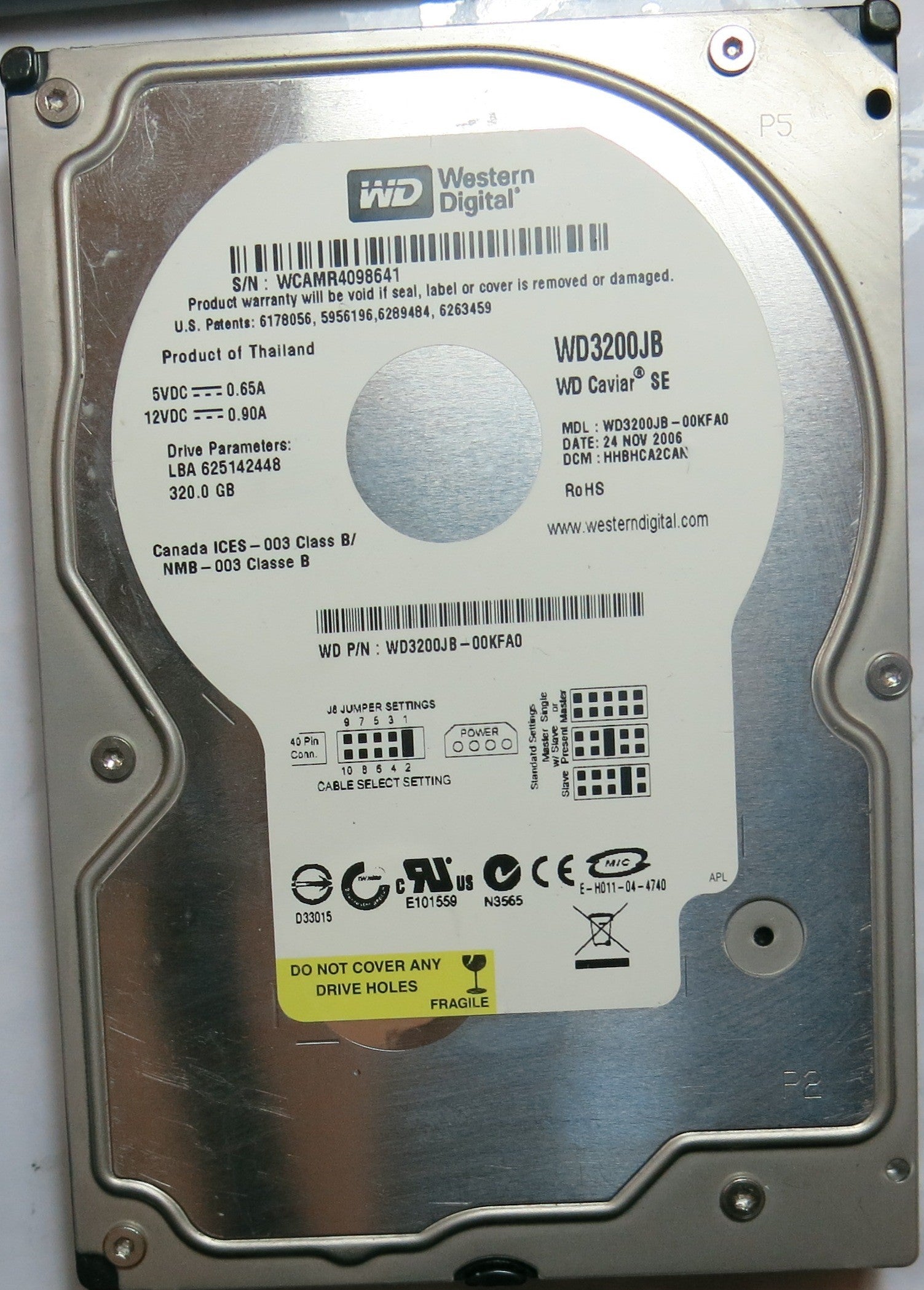 WESTERN DIGITAL WD3200JB-00KFA0 PN FW HHBHCA2CAN 320,GB