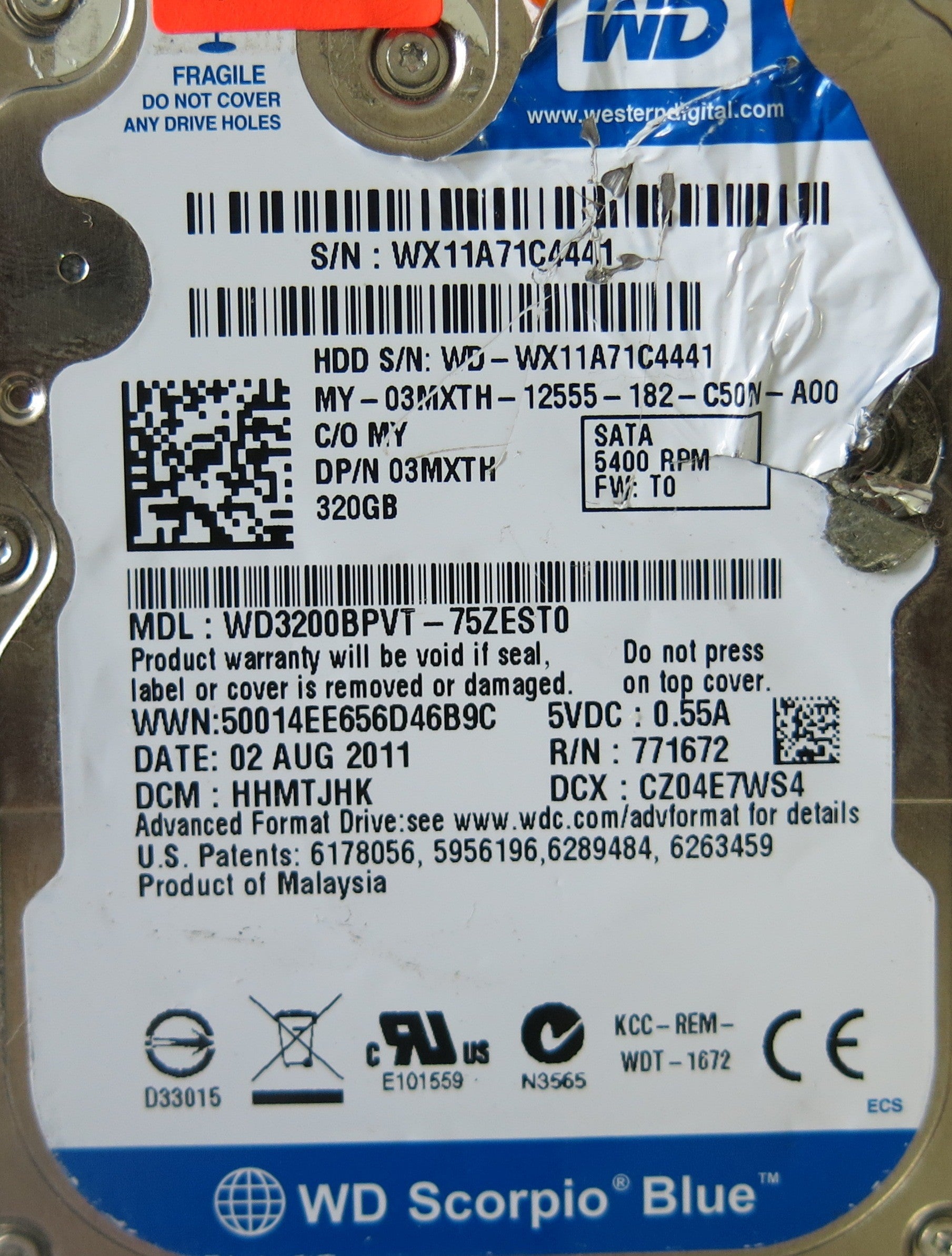 WESTERN DIGITAL WD320BPVT-75ZEST0 DCM HHMTJHK  2060-771672-004 REV A PCB