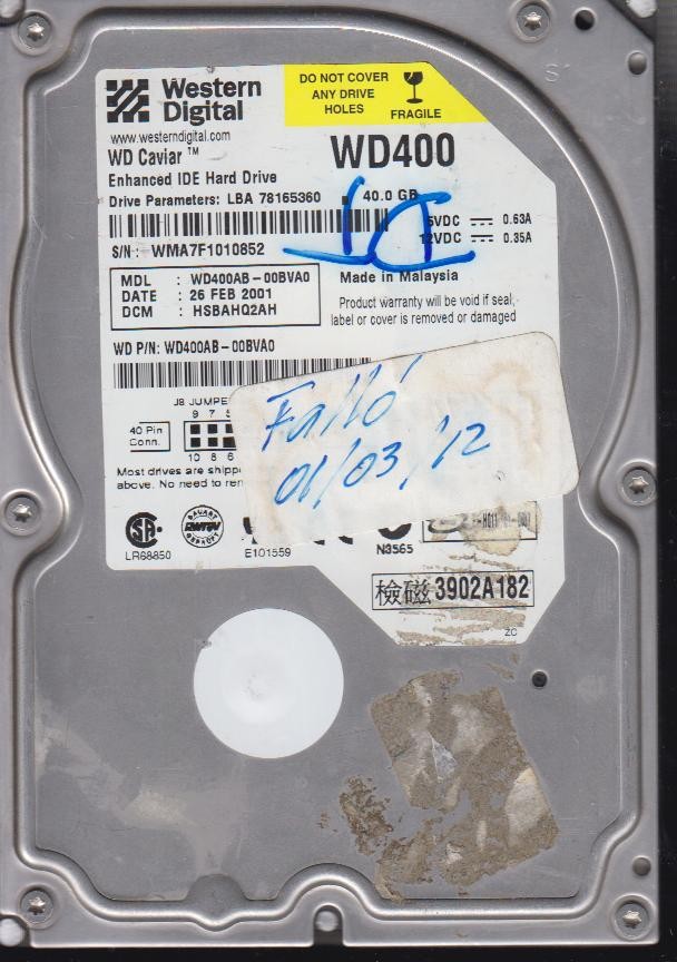 WD400AB-00BVA0 ,Serial: WMA7F1010852,40GB 3.5