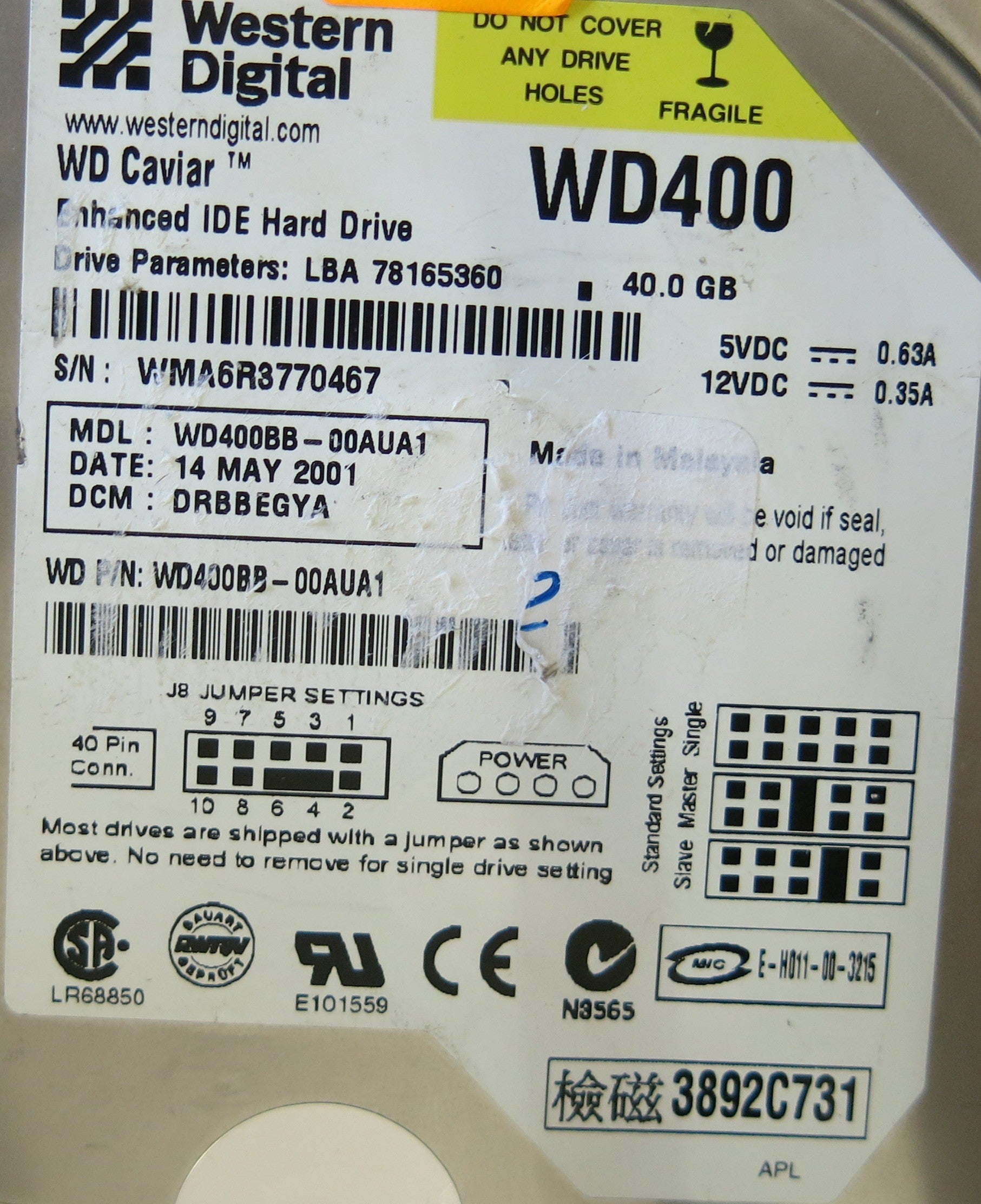 WESTERN DIGITAL WD400BB-00AUA1 2060-001003-001 REV A PCB