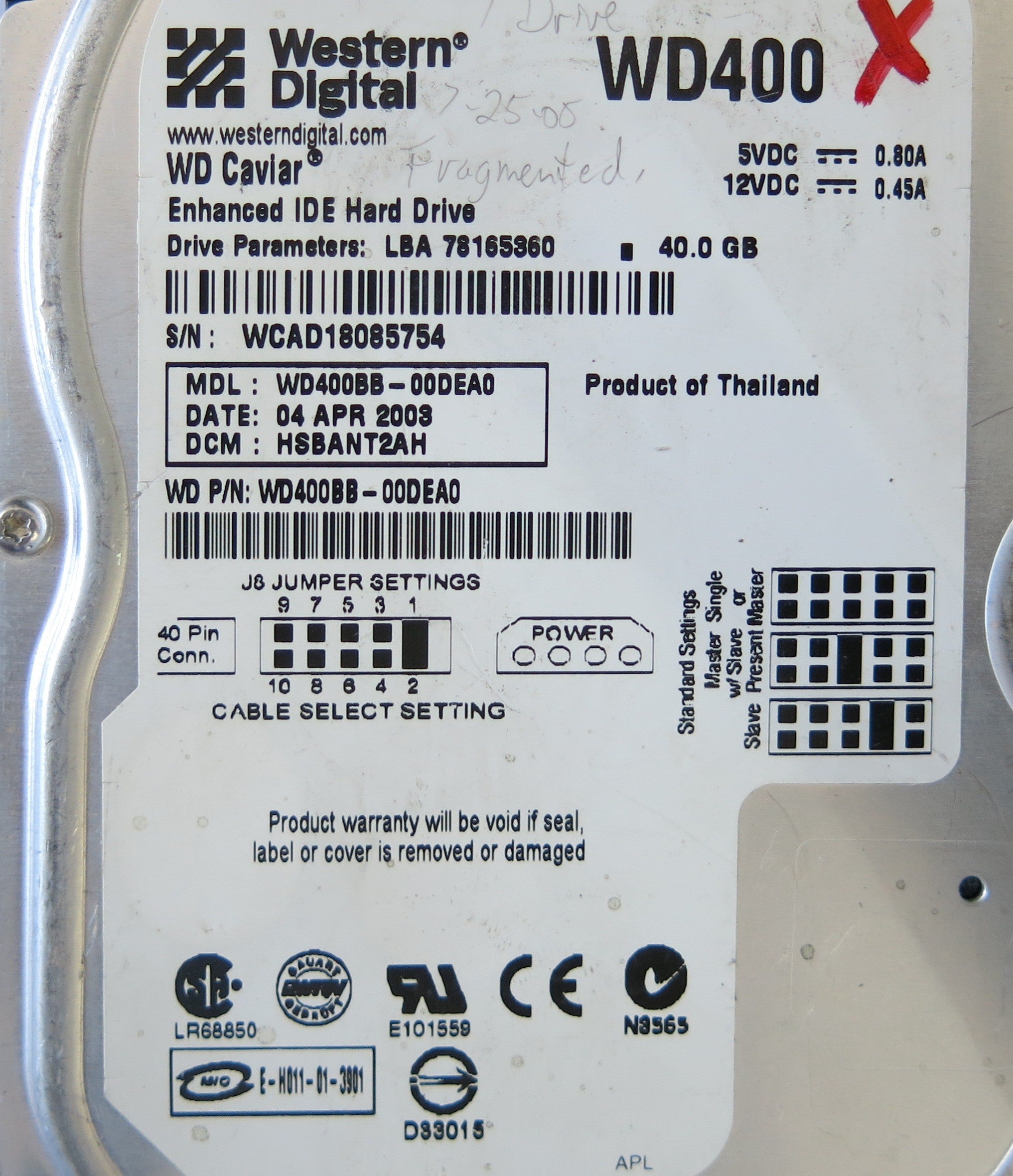 WESTERN DIGITAL WD400BB-00DEA0 DCM HSBANT2AH  2060-001129-001 PCB