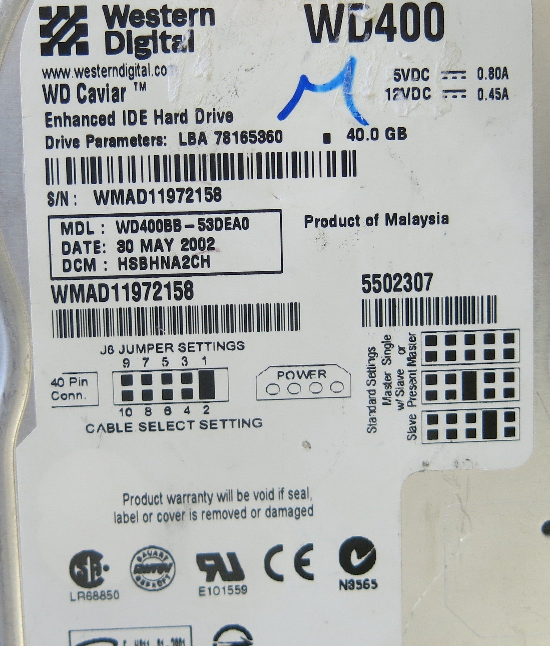 WESTERN DIGITAL  WD400BB-53DEA0 2060-001129-001 REV A PCB