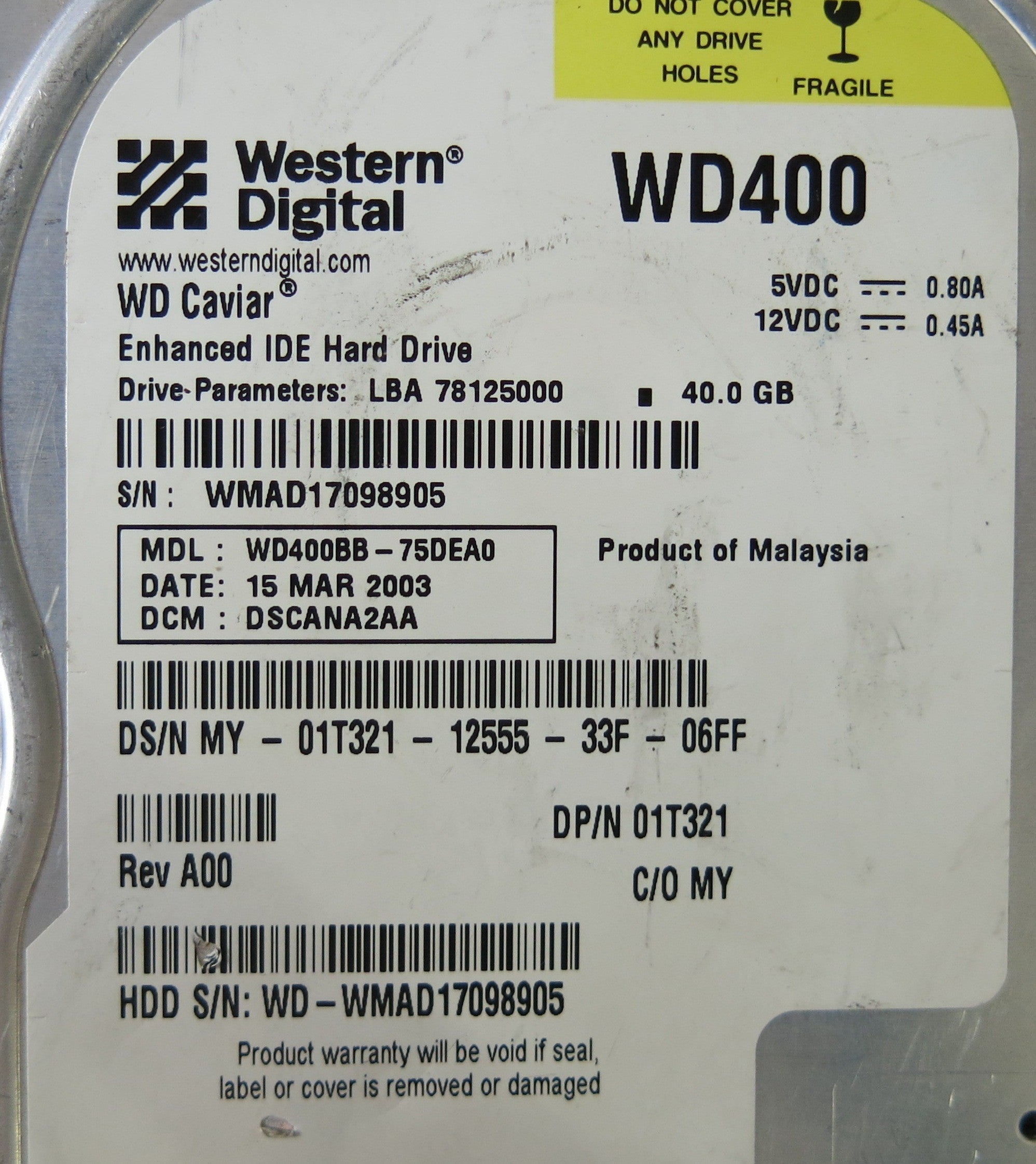 WESTERN DIGITAL  WD400BB-75DEA0 2060-001129-001 REV A PCB