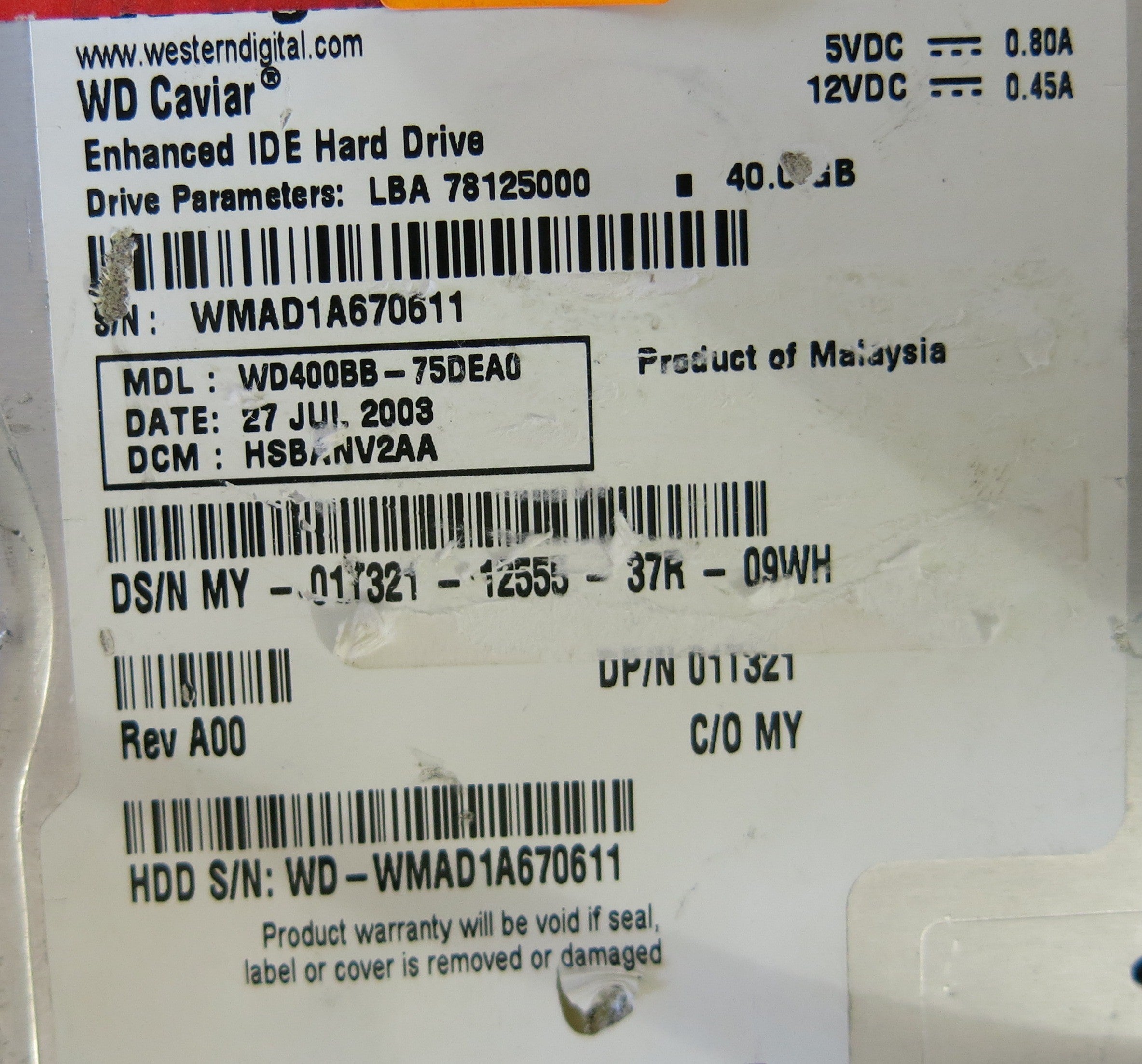 WESTERN DIGITAL  WD400BB- 75DEA0 2060-001129-001 REV A PCB