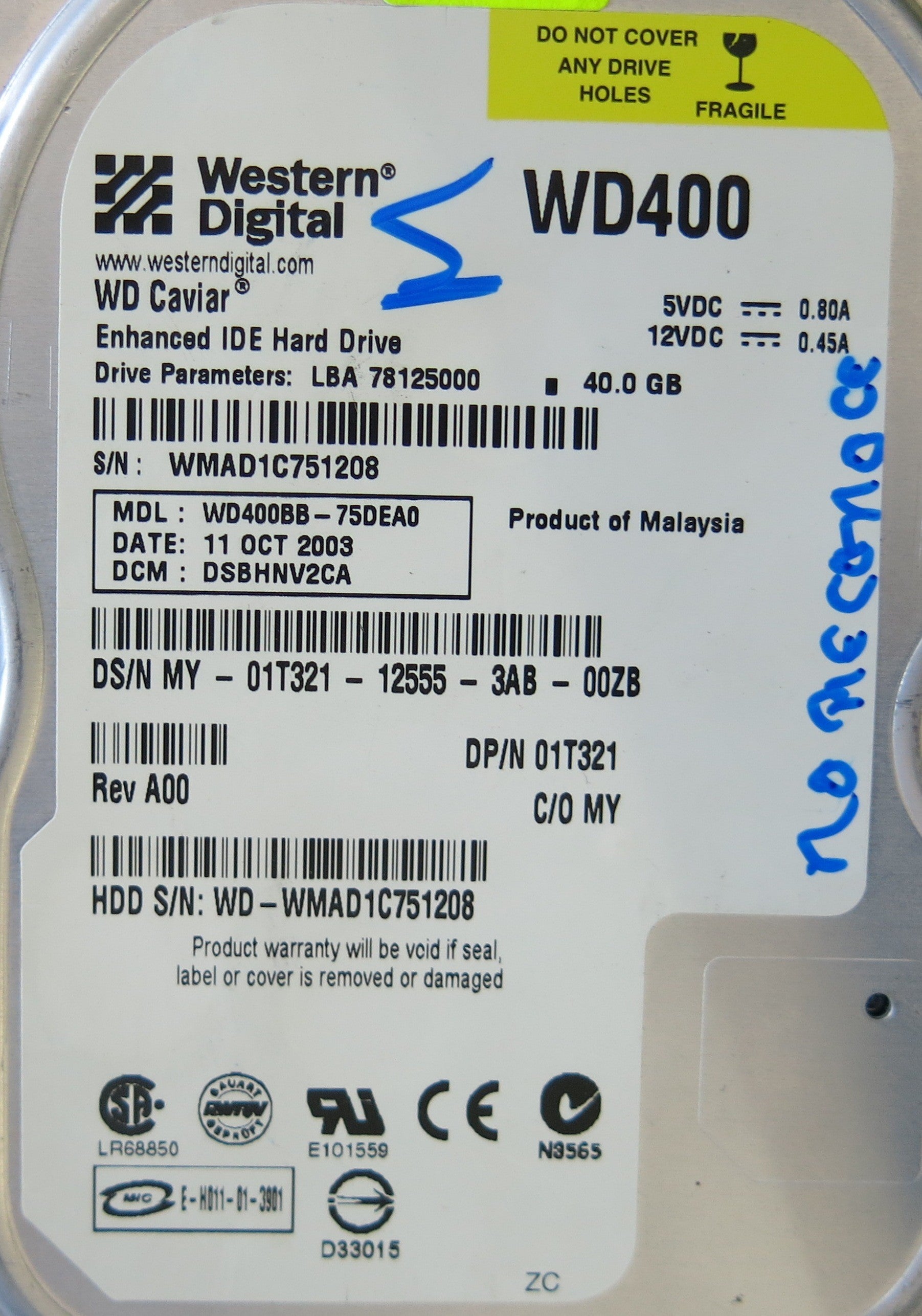 WESTERN DIGITAL WD400BB-75DEA0 2060-001129-001 REV A PCB