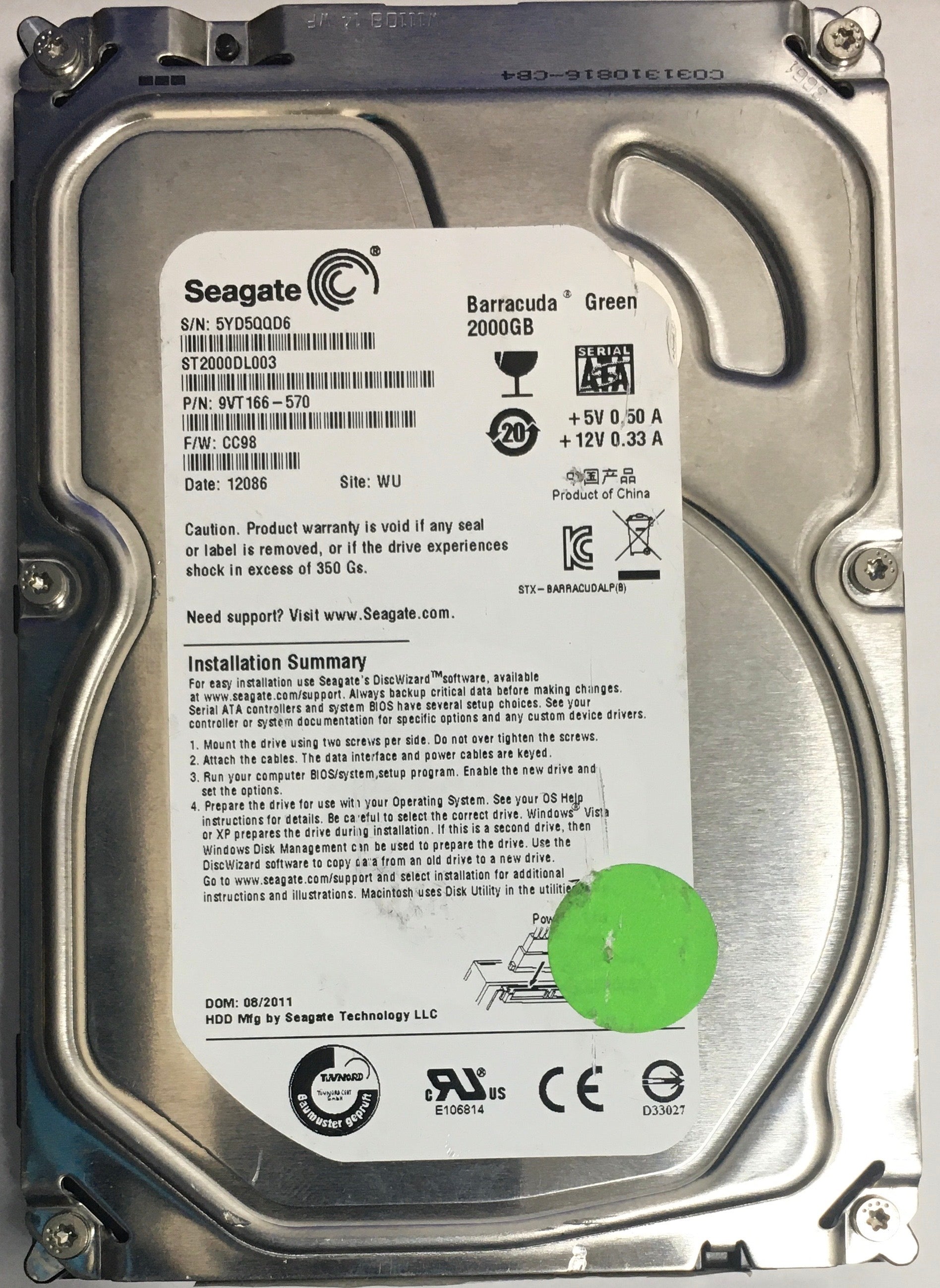 ST2000DL003,  Serial:5YD5QQD6,  2000GB 3.5,  PCB:100617465- REV A