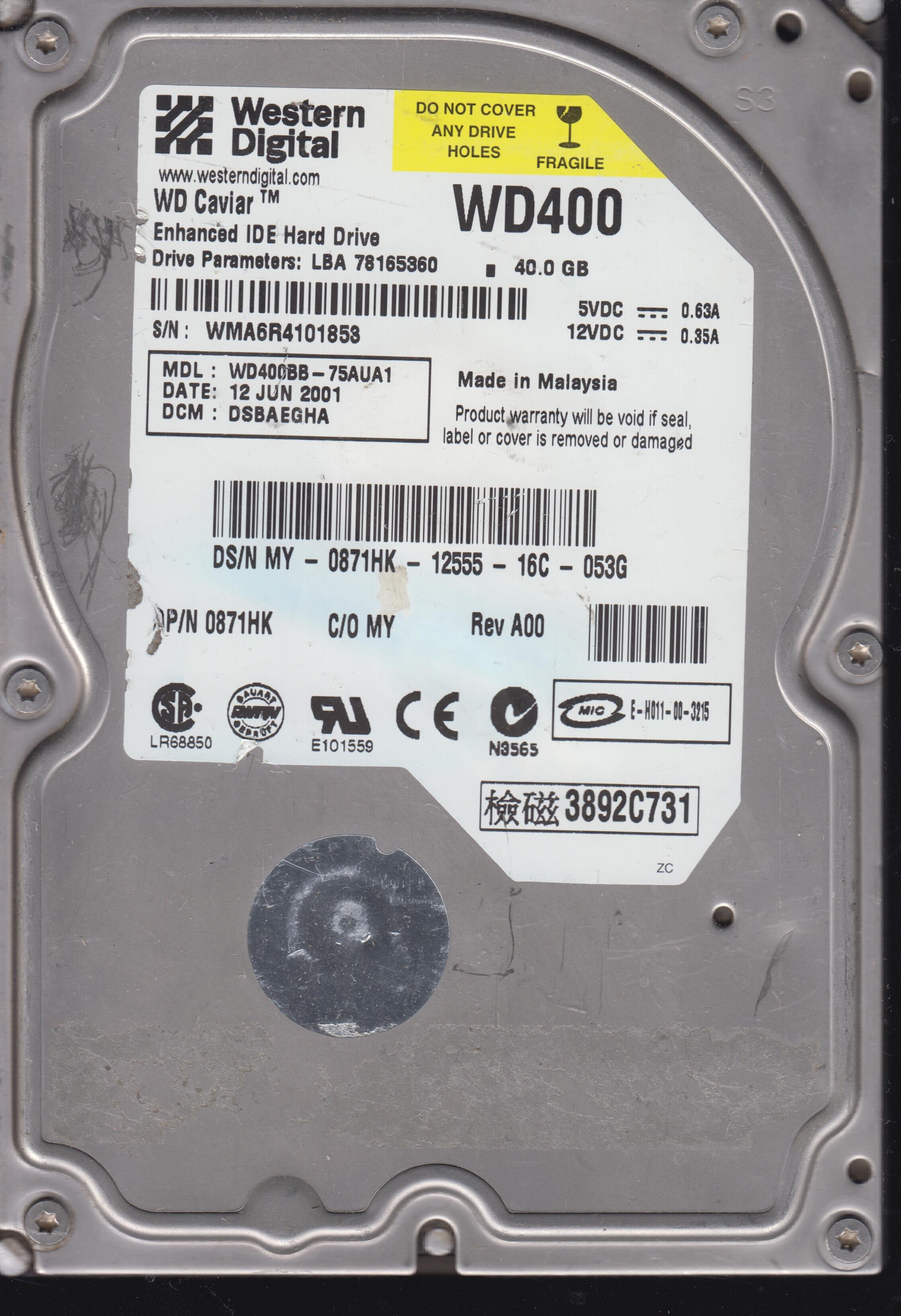 WD400BB-75UA1, PCB: 2060-001003-001, Serial Number: WMA6R4101853, 40GB