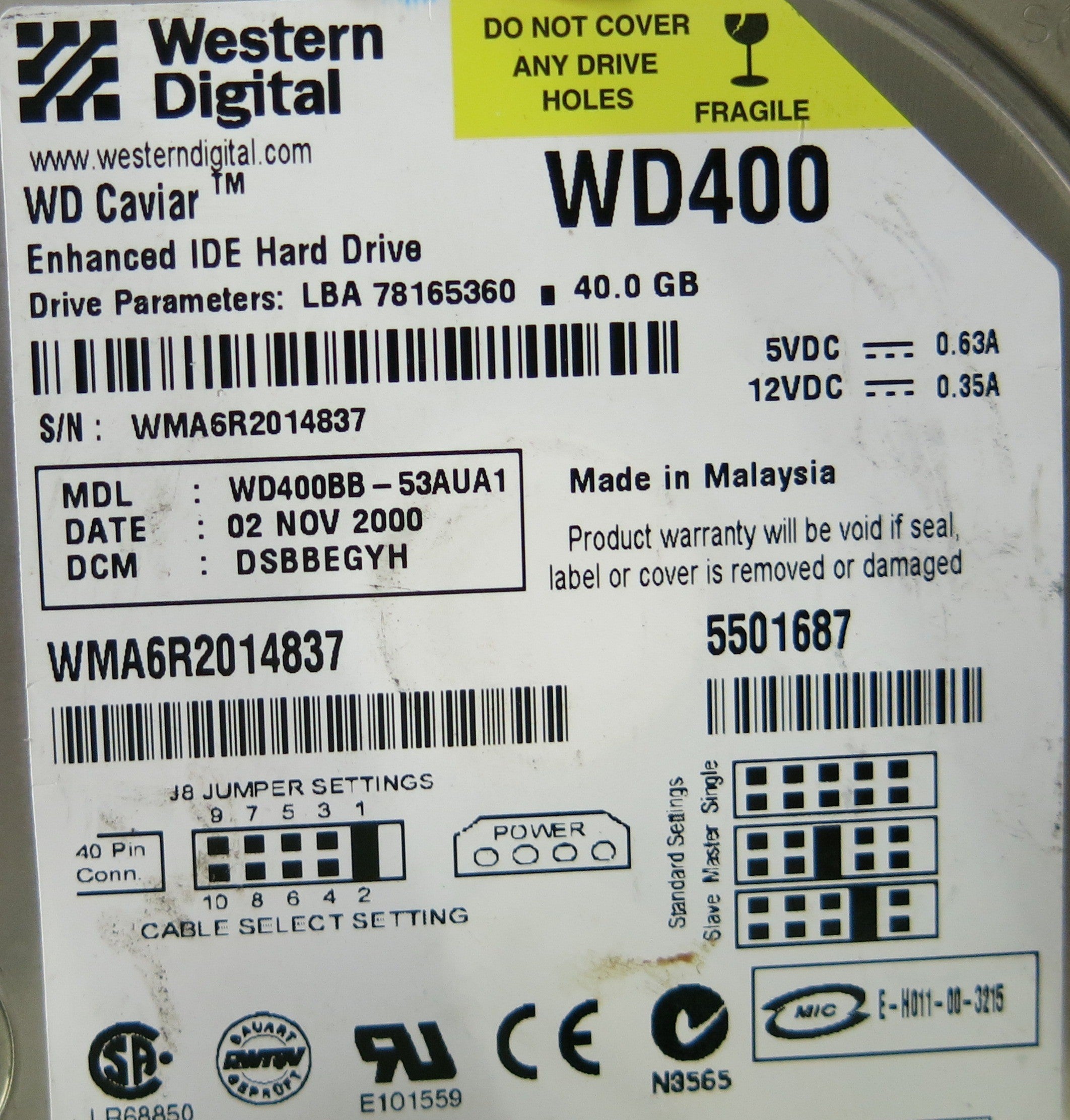 WESTERN DIGITAL WD400BB53AUA1 2060-001003-001 REV A PCB