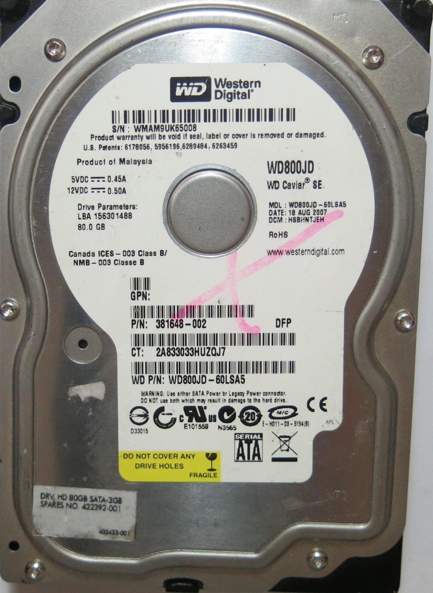 WD400BD-75MRA2 PCB: 2060-701335-005 REV A SERIAL WMAM9UK65008 DCM ESBHCTJCA FW ESBHCTJCA  40,GB