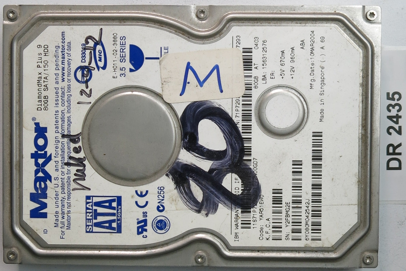 6Y080M04542J,  Serial:Y2FBMG2E,  80GB 3.5,  PCB:301520104- REV A