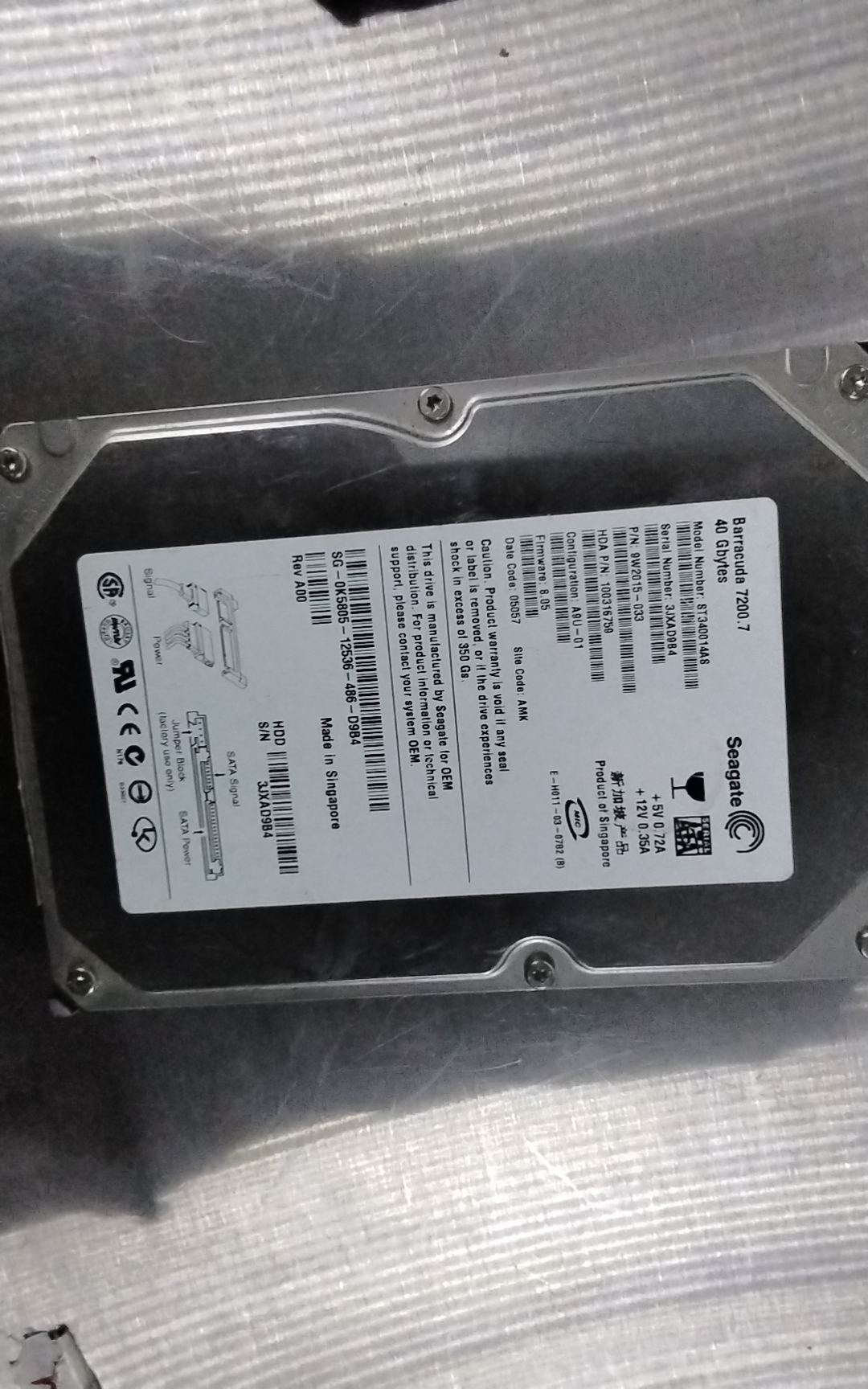 ST340014AS,  PCB: 100306336 REV A , Serial Number: 3JXAD9B4, P\N:9W2015-033, F\W;8.05,